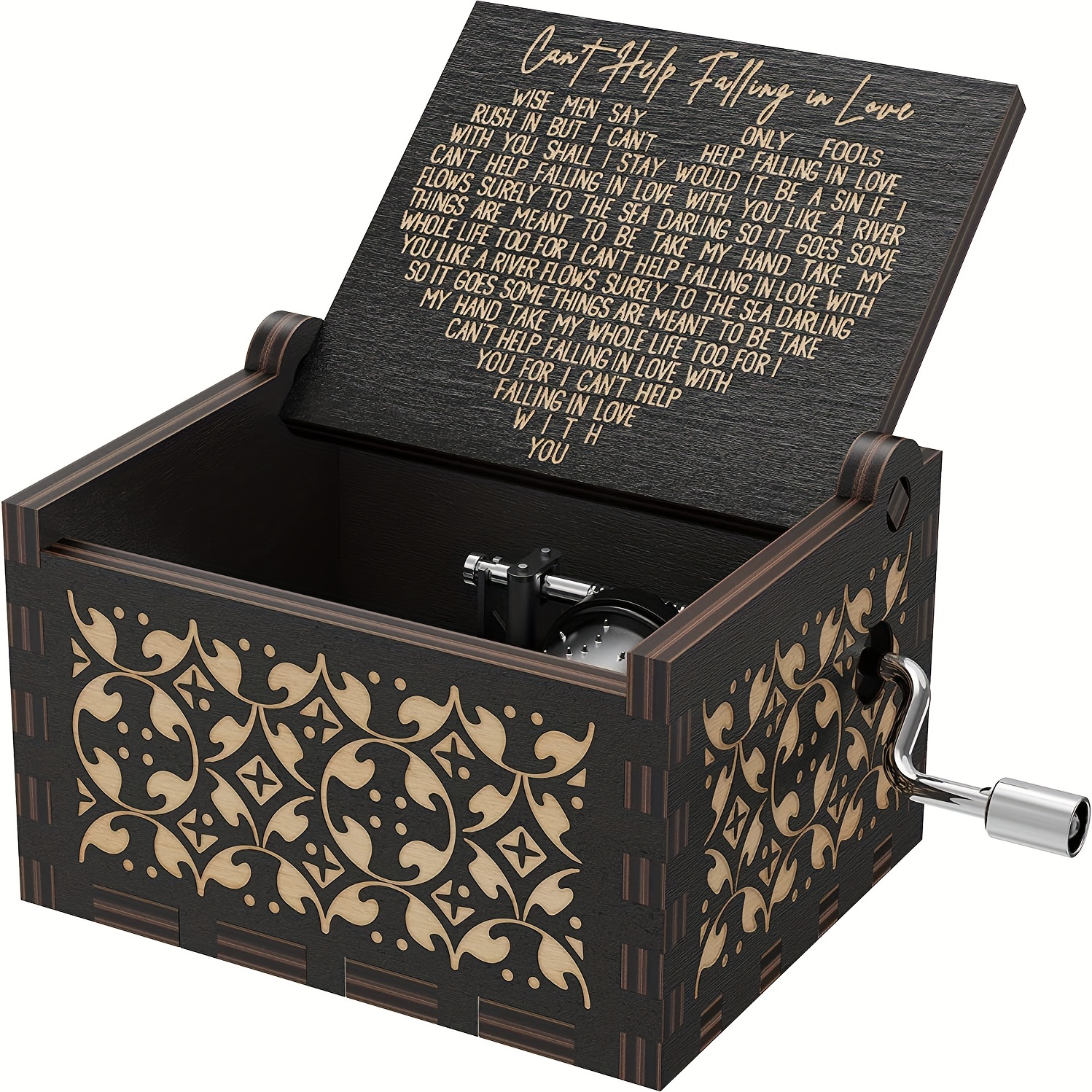 VUBU GIFTS Caja de música personalizada, personalizada con tu foto y texto,  caja de música de manivela de madera, grabado vintage, color negro