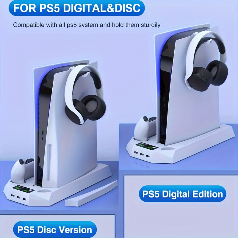 Soporte PS5 con estación de enfriamiento y estación de carga de controlador  dual para PS5 Digital Edition, versión de disco PS5, ventilador de