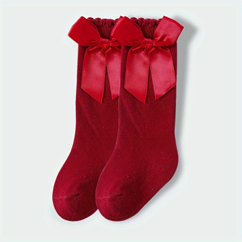 Wine Red Bow - Solid Socks Suitable For Spring/autumn, Hand Washable For Dance, Casual Attire & Special Occasions - & Baby Footwear
