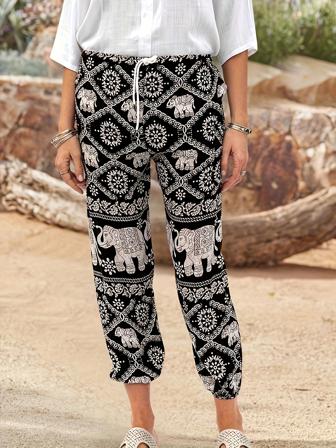 Plus Size Boho Pants Women's Plus Geometric Elephant Print - Temu New  Zealand