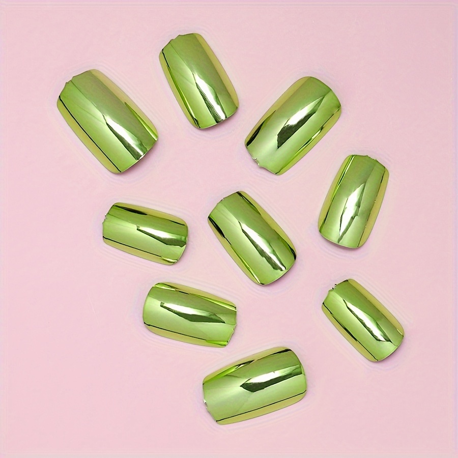 shiny punk style metallic green color press on nails chrome fake nails metal plating acrylic medium square reflective mirror green nail art tips 24pcs details 2