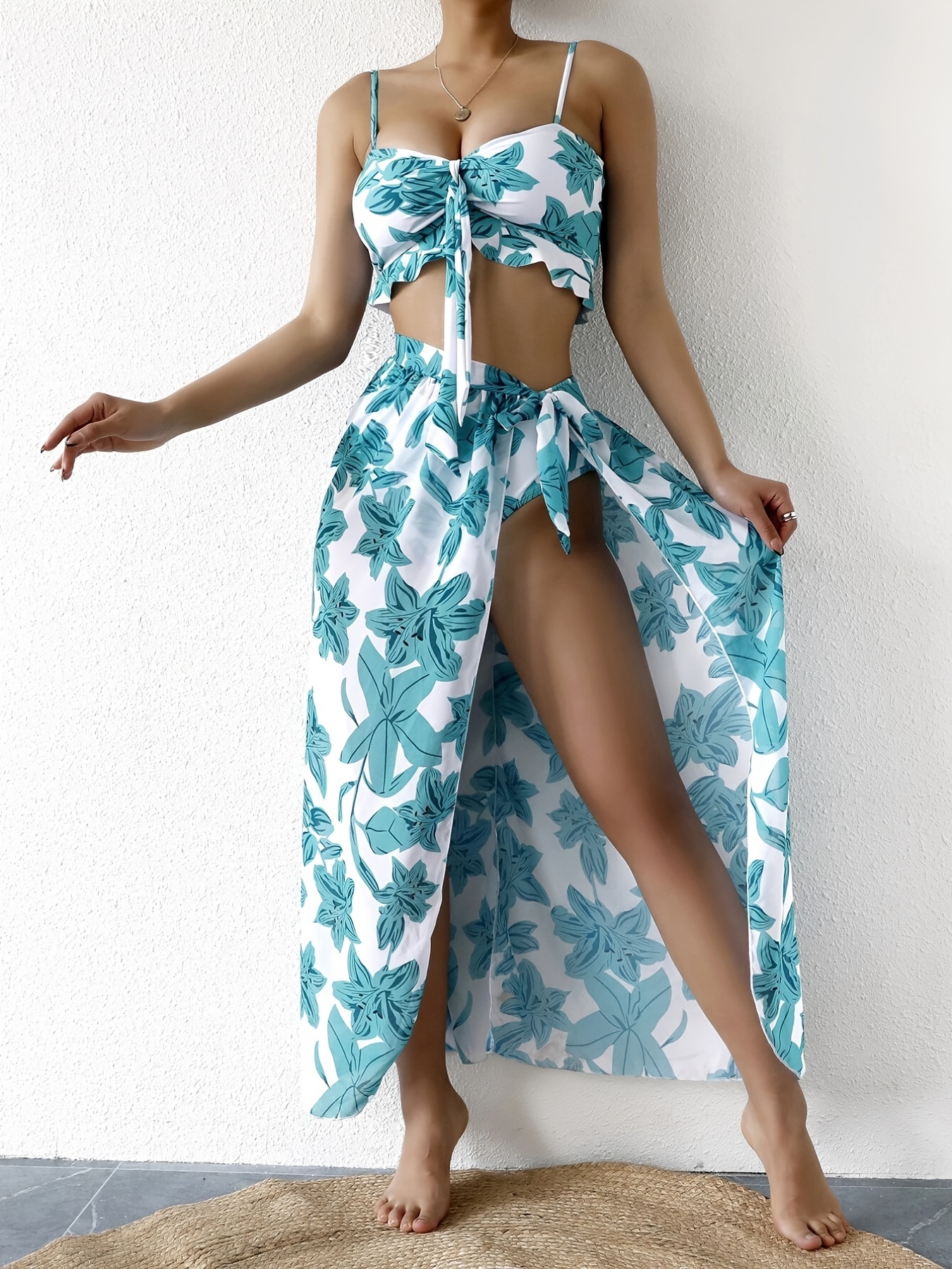Floral Print Bikini Sets Tie Front Lettuce Trim High Cut - Temu