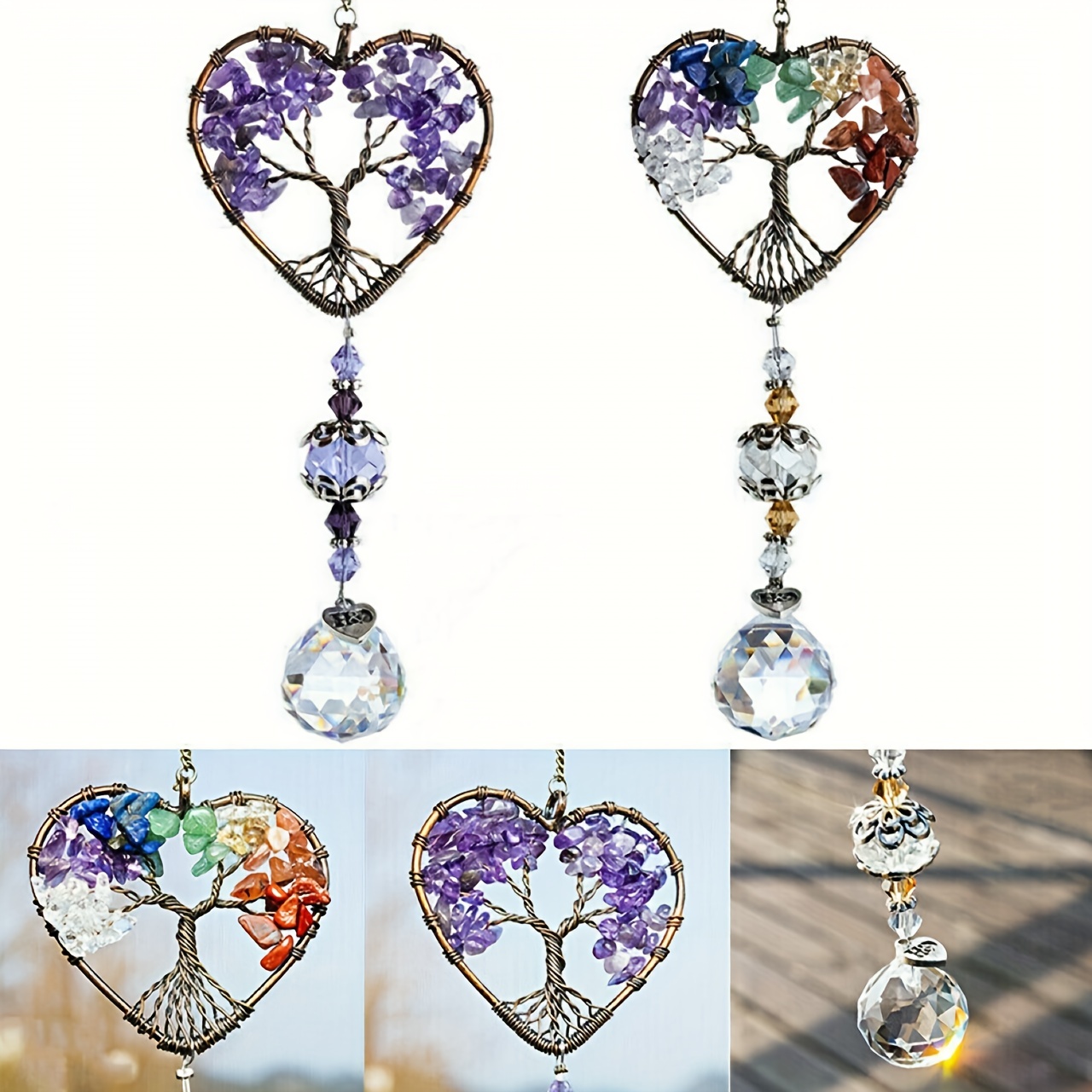 Hanging Crystal Suncatcher Life Tree Stone Beads Prism Pendant Window Decor