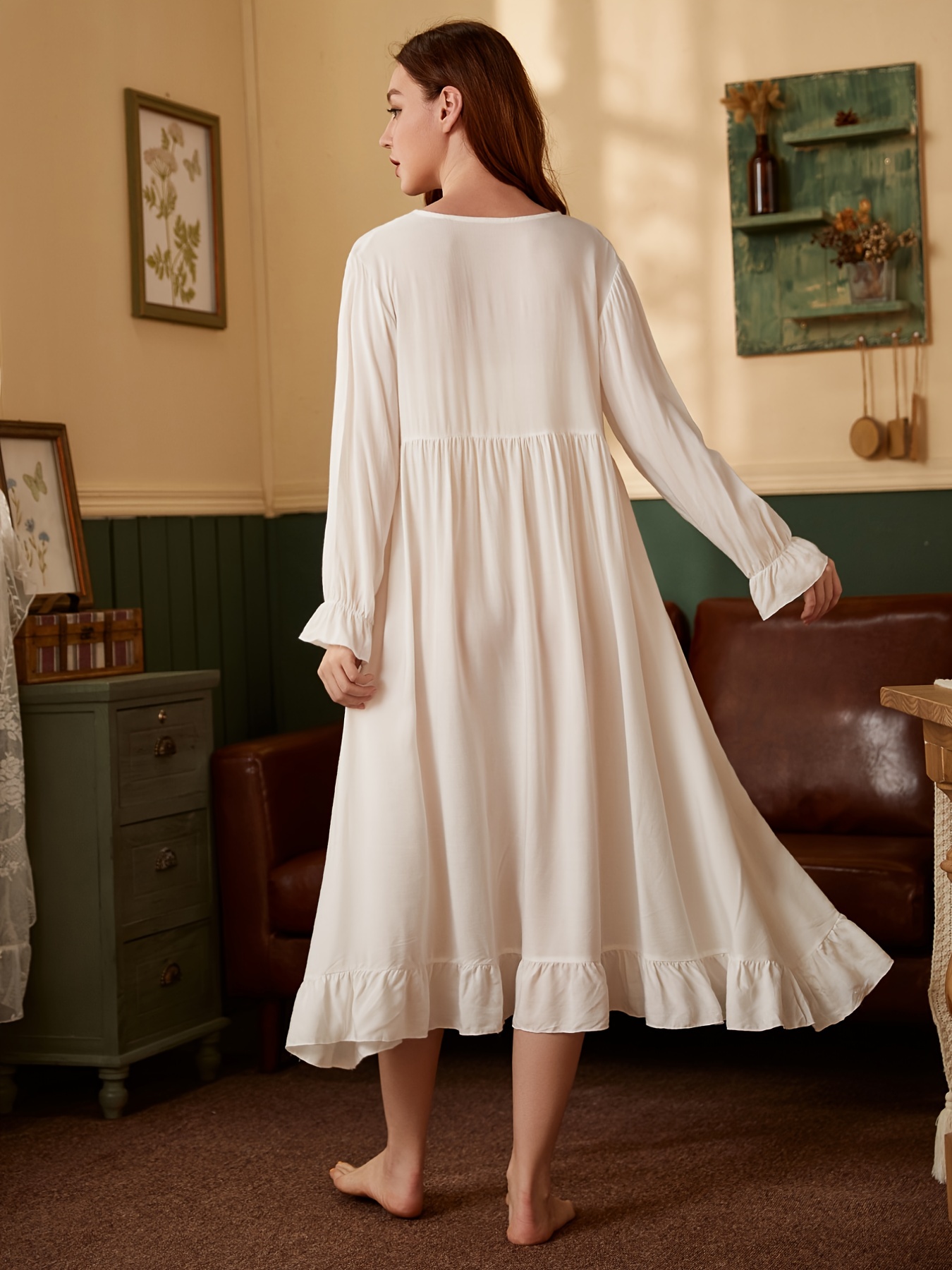 Solid Ruffle Hem Nightdress Sweet Cute Long Sleeve V Neck - Temu