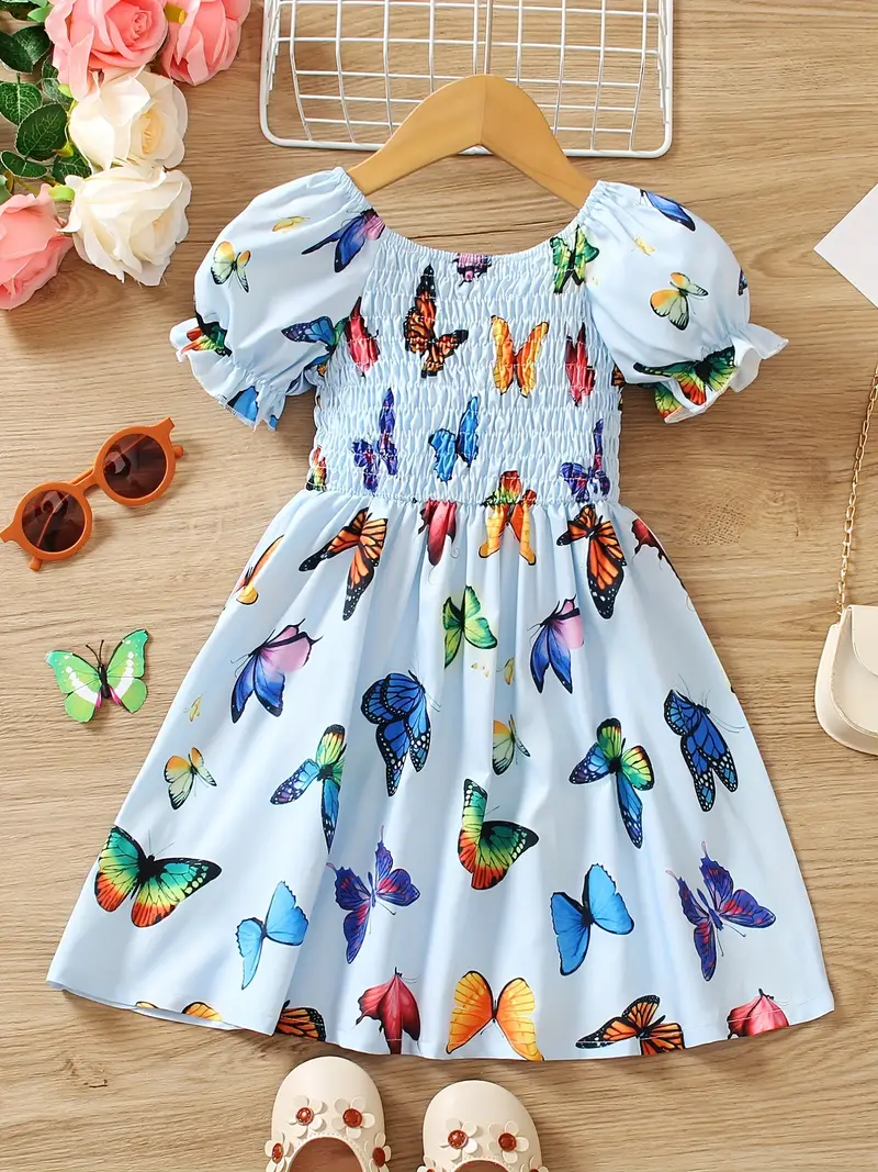 toddler girls puff sleeve frill trim shirred colorful butterfly graphic princess dress for party beach vacation cute romantic kids summer clothes details 12