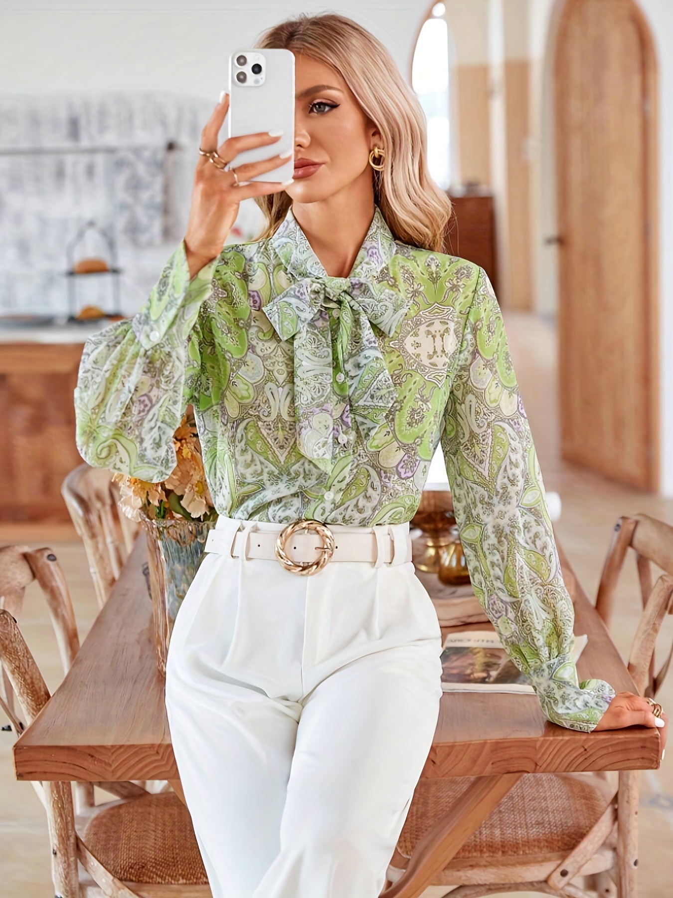 Floral Print Tie Neck Blouse Casual Long Sleeve Blouse - Temu Canada