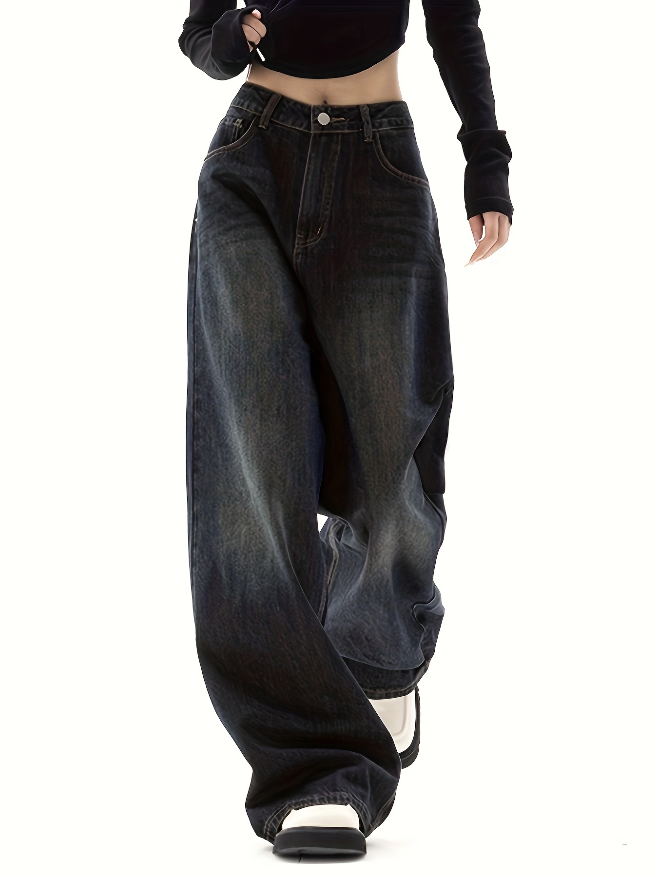 Blue Elastic Waist Baggy Jeans Loose Fit Slant Pockets - Temu