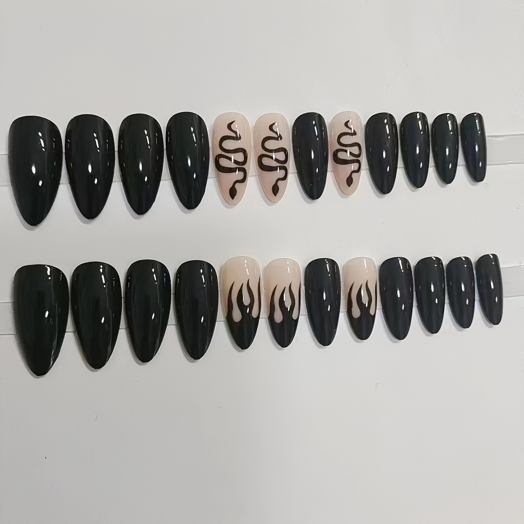 24pcs y2k press on nails ballerina almond fake nails with snake design long length false nails for women girls black red details 7