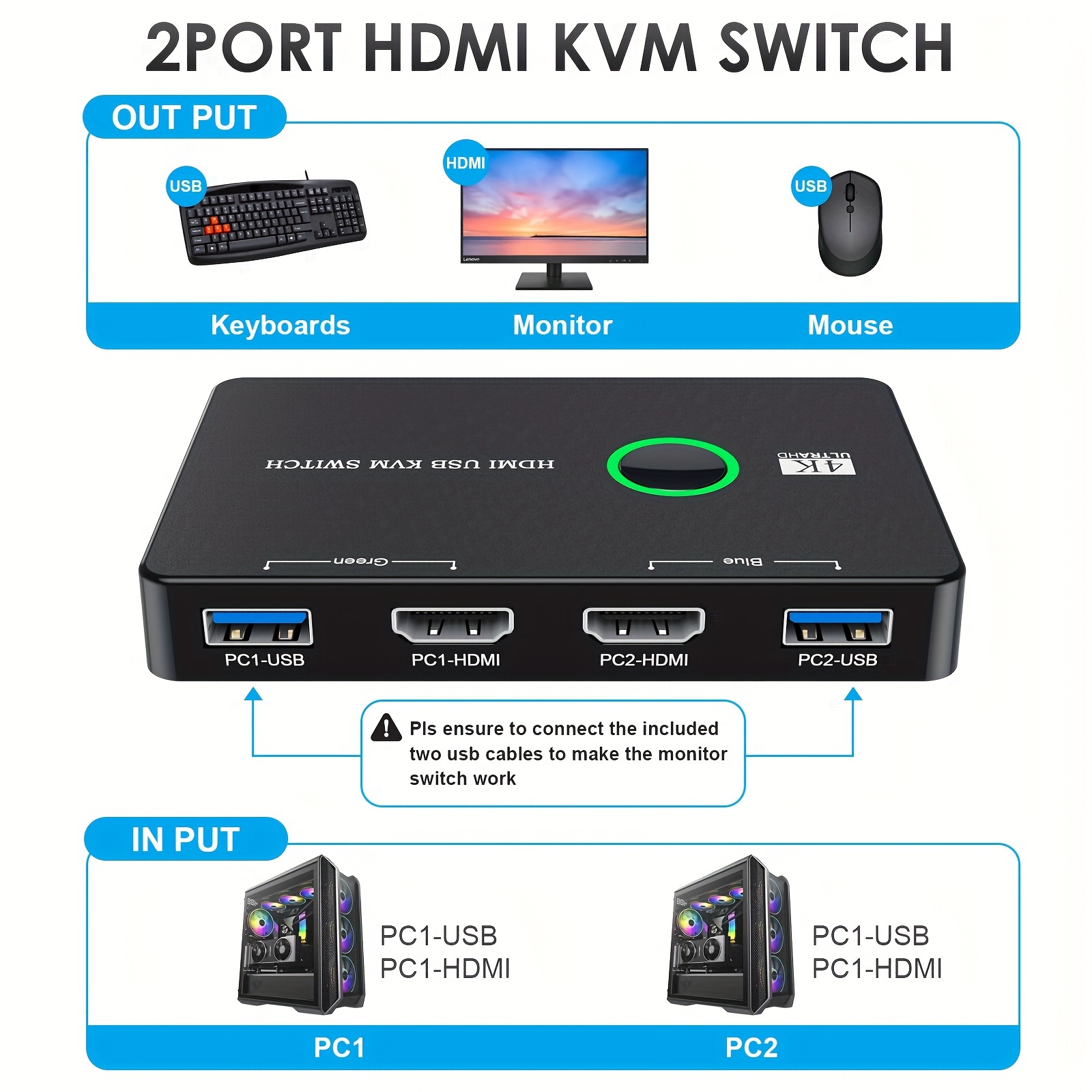 Conmutador KVM 8K HDMI 2 Monitores 2 Ordenadores Soporte de