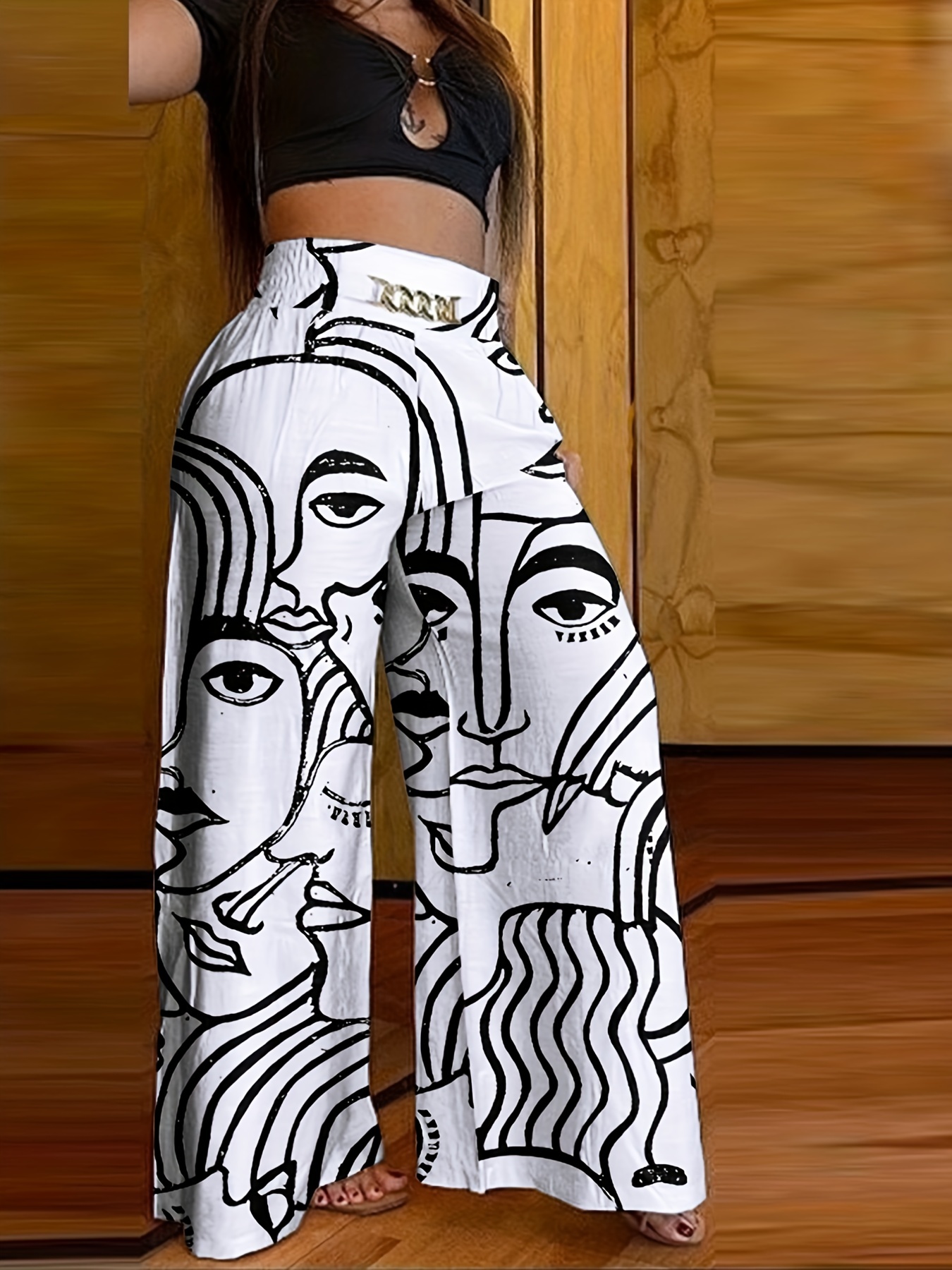 Abstract Face Print Pants, Casual Wide Leg High Waist Pants