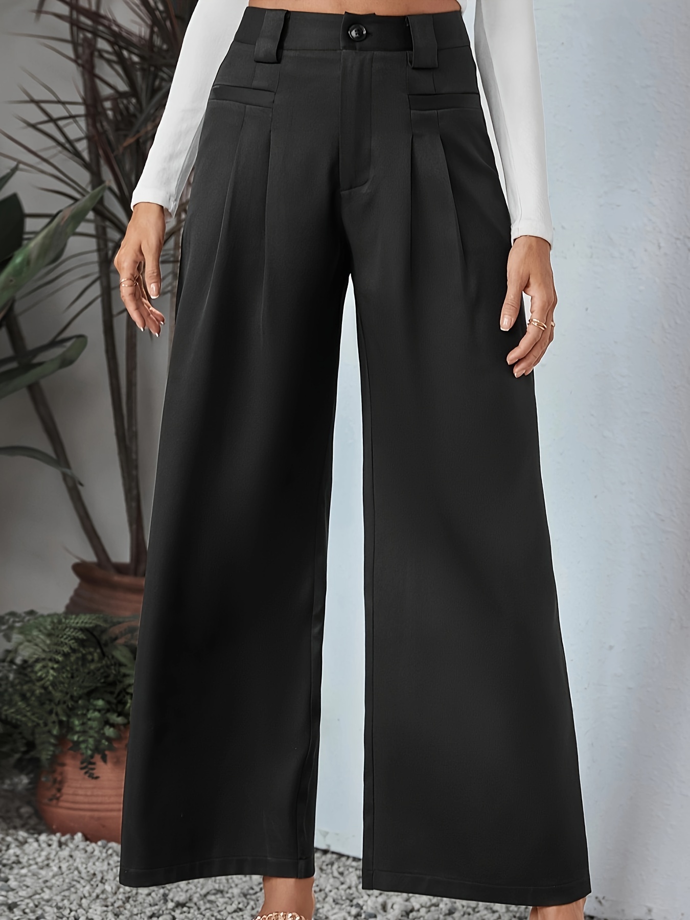 Pantalones Cintura Alta Sólidos Elegantes Pantalones Pierna - Temu