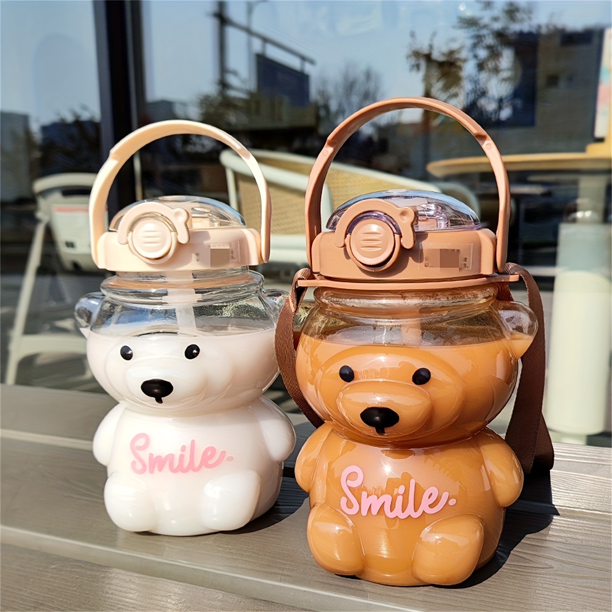 

1pc 1000ml Cute Bear Water Cup For - Large Capacity Plastic Water Bottle With Straw