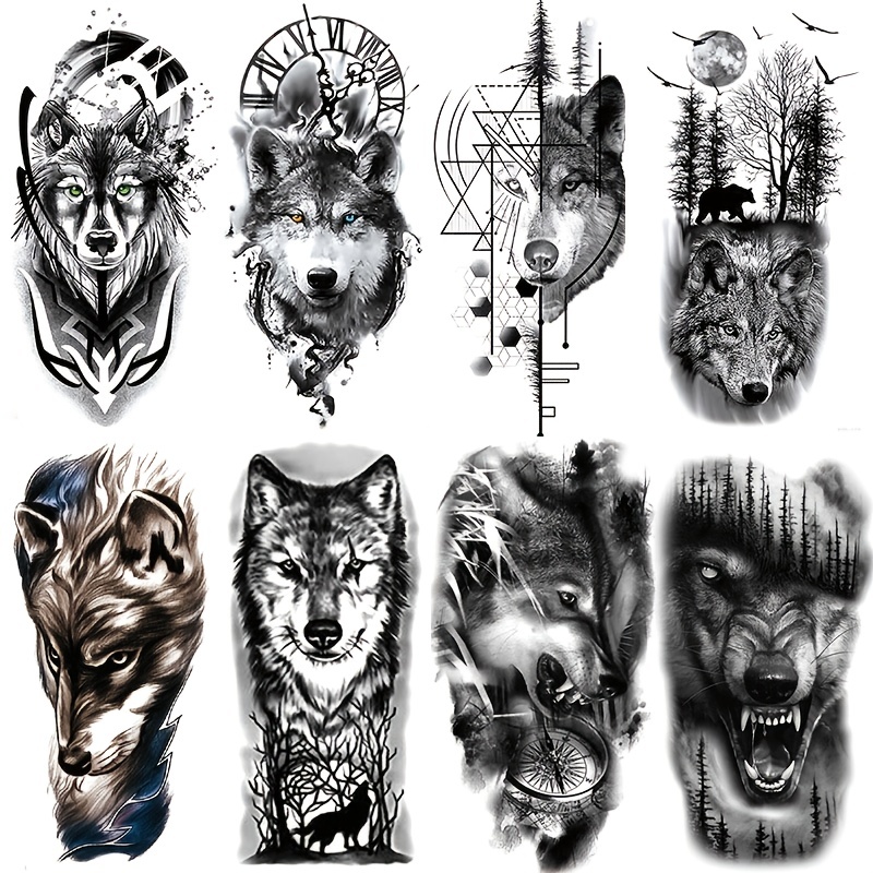 

8 Sheets Wolf Temporary Tattoos For Men Woman Black Forest Tattoo Sticker Animal Fake Tattoo Waterproof Shoulder Tattoo