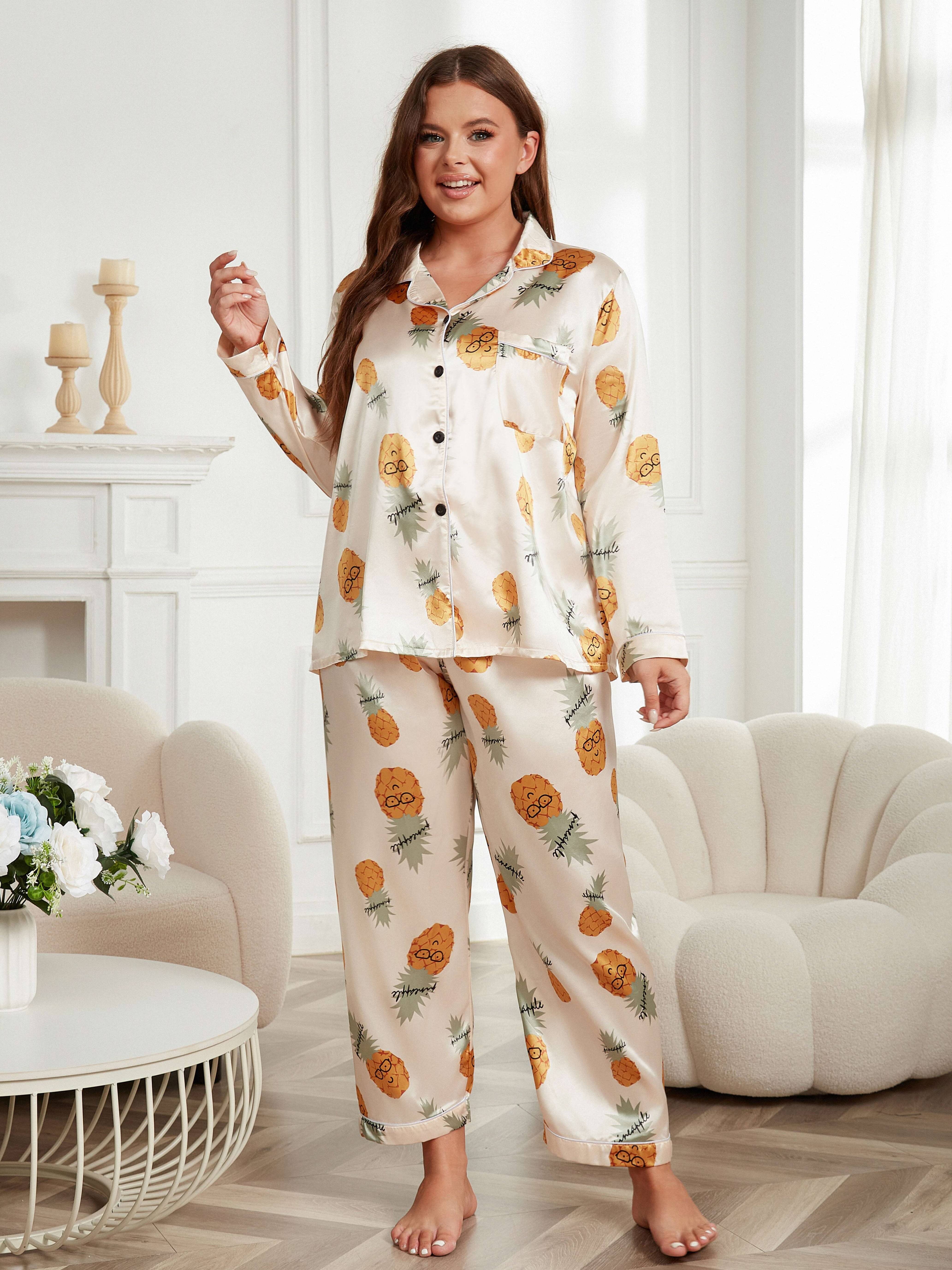 Plus Size Casual Pajama Set, Women's Plus Pineapple Print Long Sleeve Lapel  Collar Silk Satin Shirt & Pants Loungewear Two Piece Set