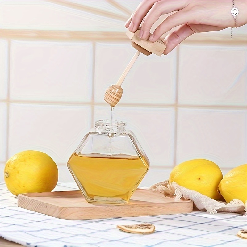 Mini pots à miel en verre hexagonaux avec trempettes en bois