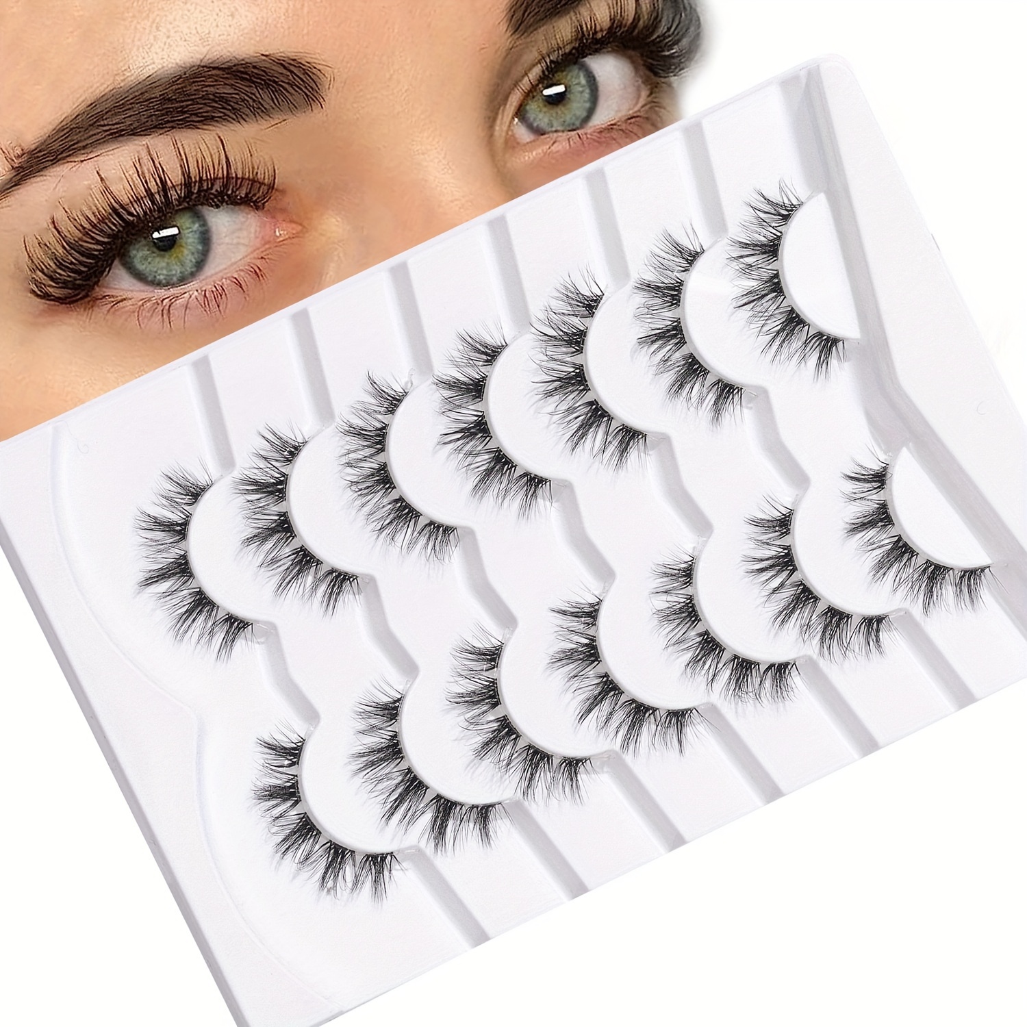 7 Pairs Of Transparent Stem Natural Cat Eye False Eyelashes 13mm