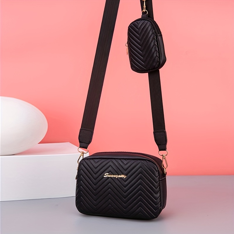 

Classic Mini Quilted Pattern Shoulder Bag, Solid Color Crossbody Wallet With Hanging Mini Pouch