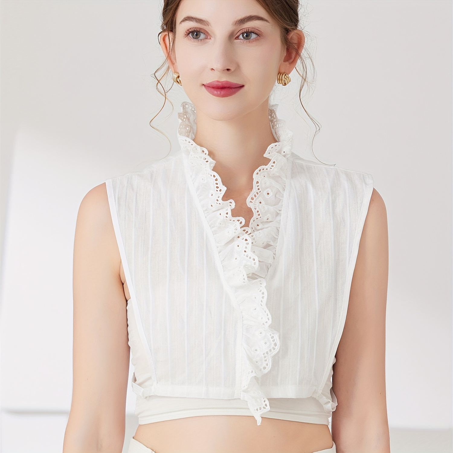 Women's White Deep Plunge Top With Ruffle Detailing - Elegant