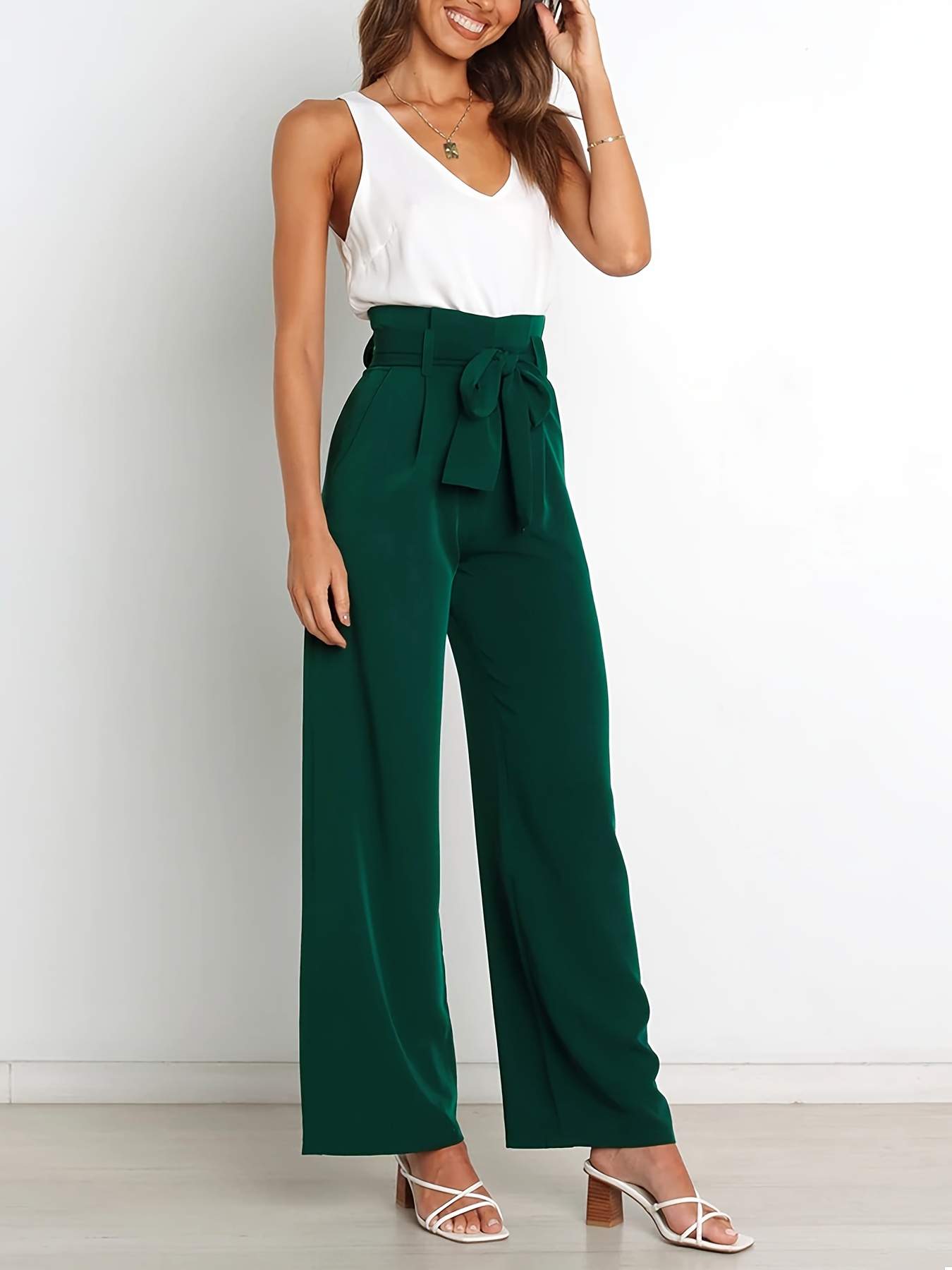 Women Trousers Solid Loose Stretch Trousers Color Casual Gold Wide-Leg Silk  Ladies Pants (Army Green, L) : : Fashion