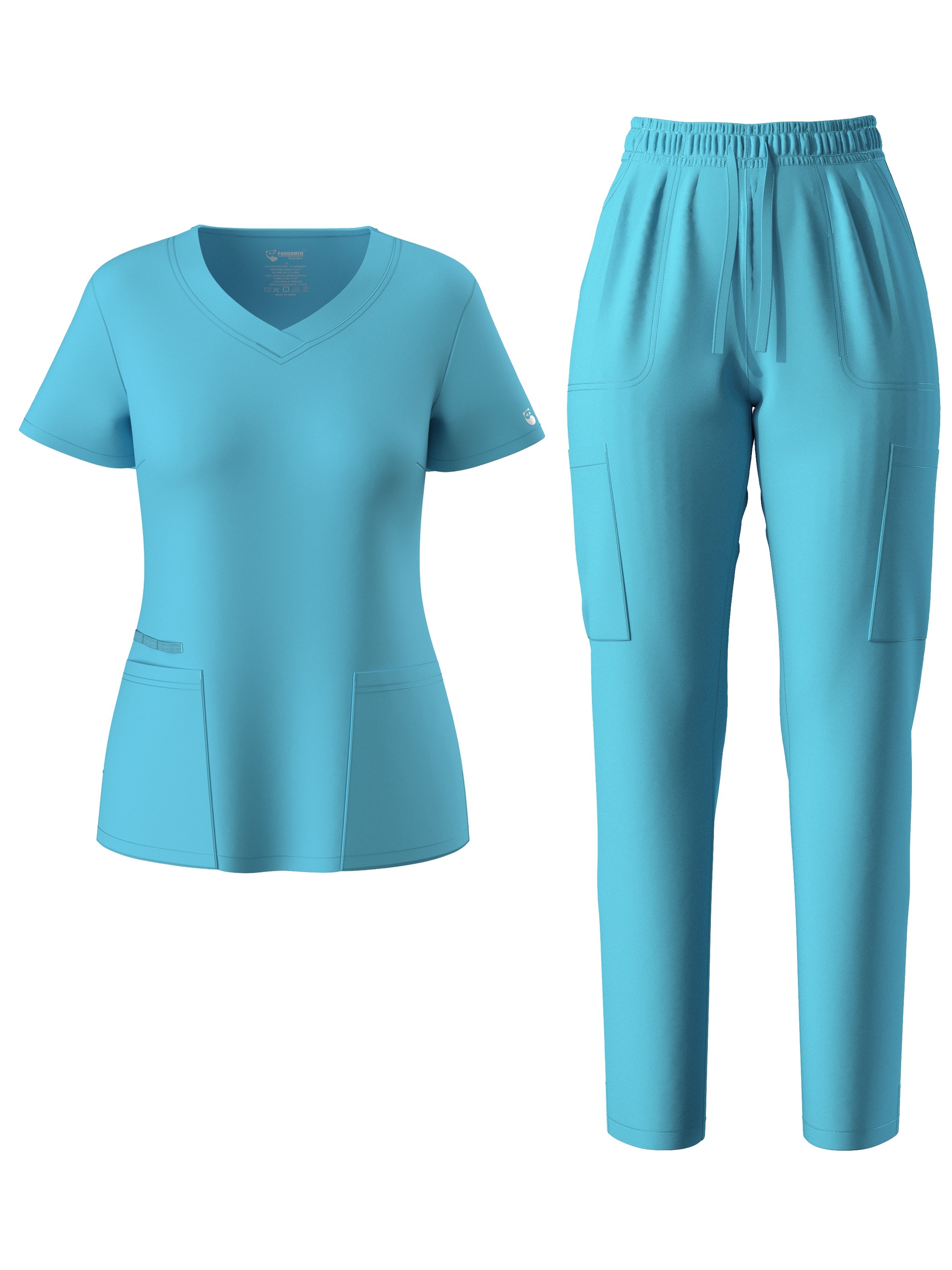 Women's V-Neck Solid Color Stretch Scrub Set, Easy Breathable Moisture-Wicking Top, Full Elastic with Drawstring Waist Multi-Pocket -Slim Leg Pants
