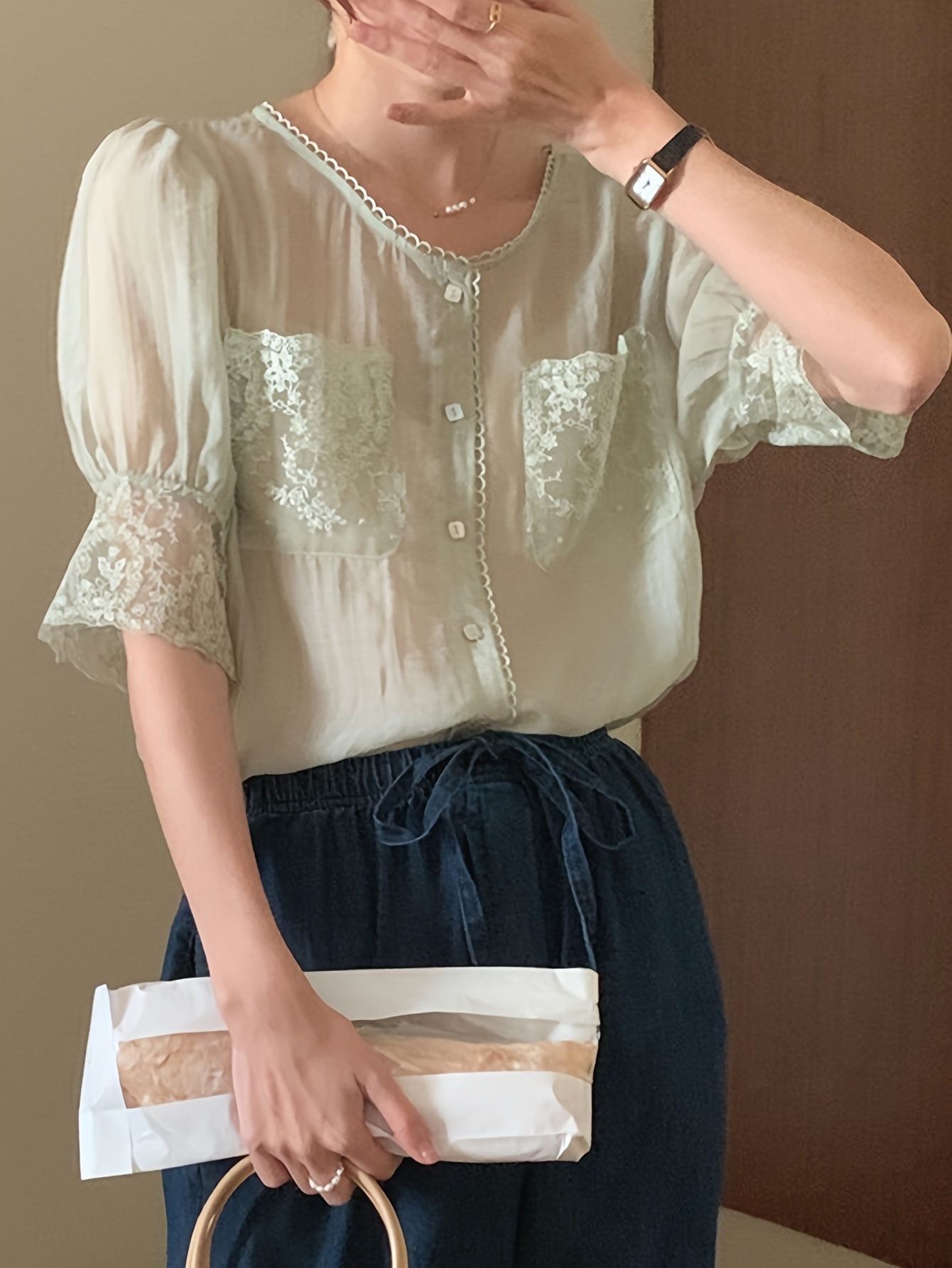 White Contrast Guipure Lace Tie Neck Tassel Blouse Top