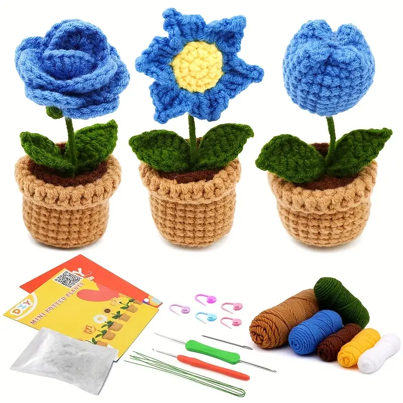 Small Blue Flowers Crochet Kit Including 6 Colors Of Yarn 2 - Temu