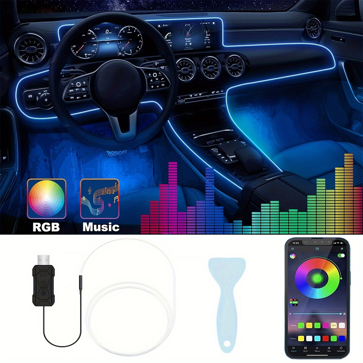 LEDCARE RGB - Tira de luces LED para el interior del coche, multicolor 5 en  1, kits de iluminación ambiental con fibra óptica de 236 pulgadas, 16