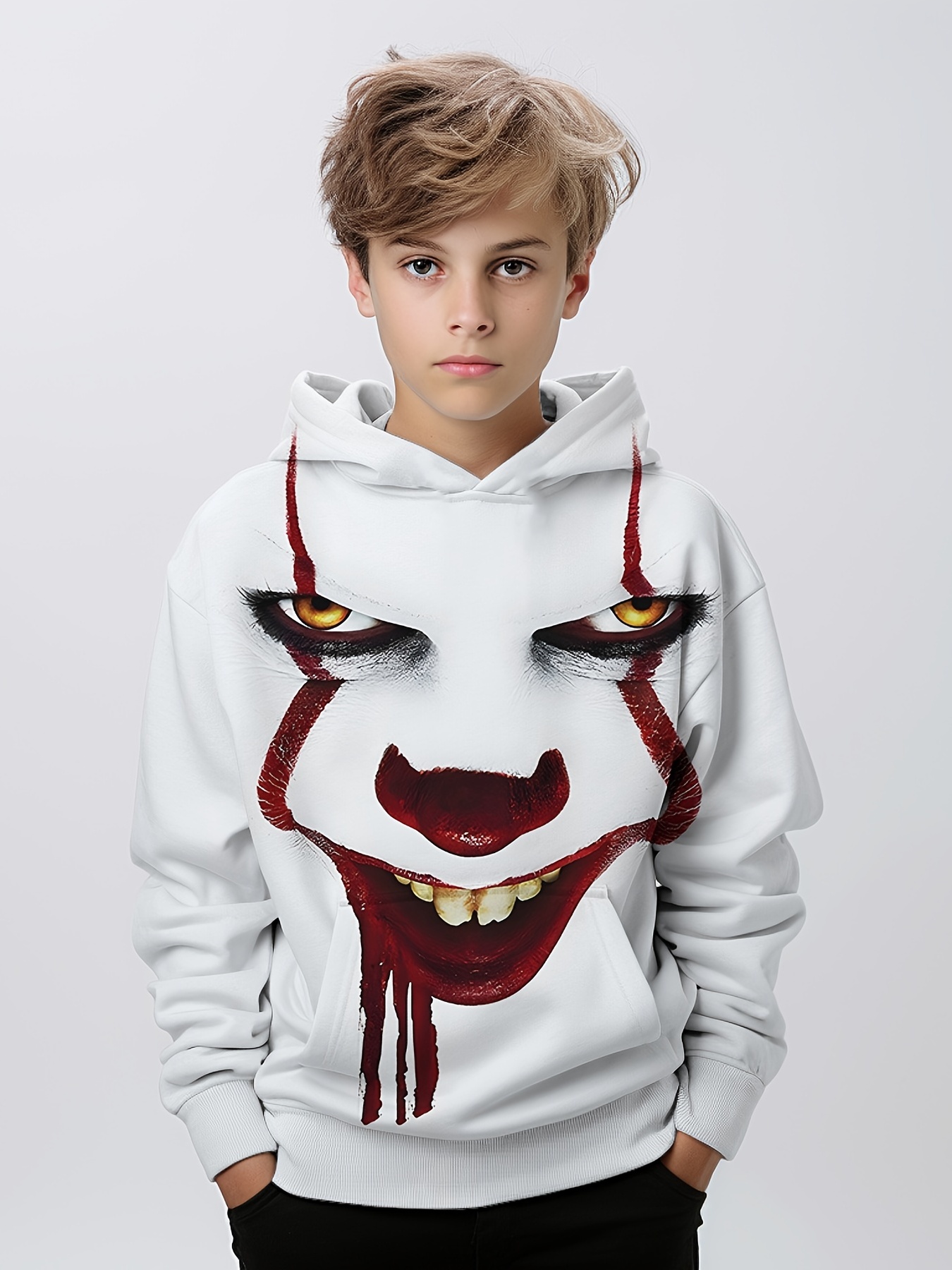 Halloween Scary Face Print Boys Casual Pullover Hooded Long Sleeve  Sweatshirt For Spring Fall, Kids Hoodie Tops Outdoor