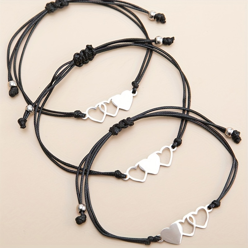 Silver Love Charms Adjustable Bangle Bracelets - 3 Pack