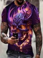Plus Size Men's 3D Glow Skull & Flames Graphic Print T-shirt Funky Short Sleeve Tees For Summer, Halloween Men's Clothing