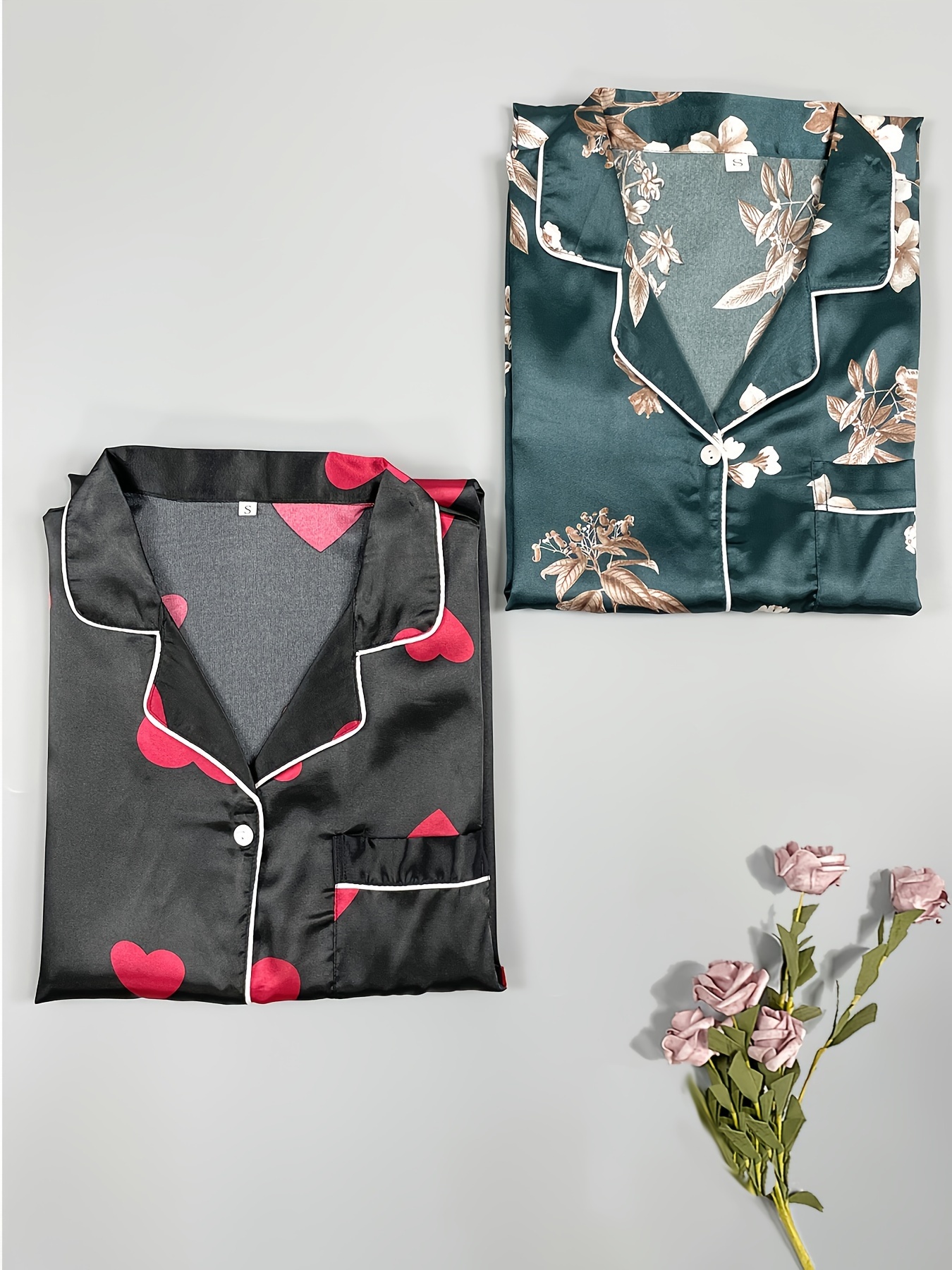 Floral Heart Print Nightdress Short Sleeve Lapel Buttons - Temu