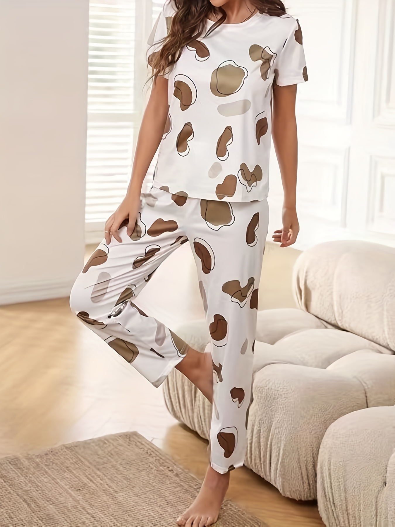 Casual Soft Cute Print Pajama Set, Loose Short Sleeve Tops & Elastic Waist  Pants Set, Women's Sleepwear & Loungewear