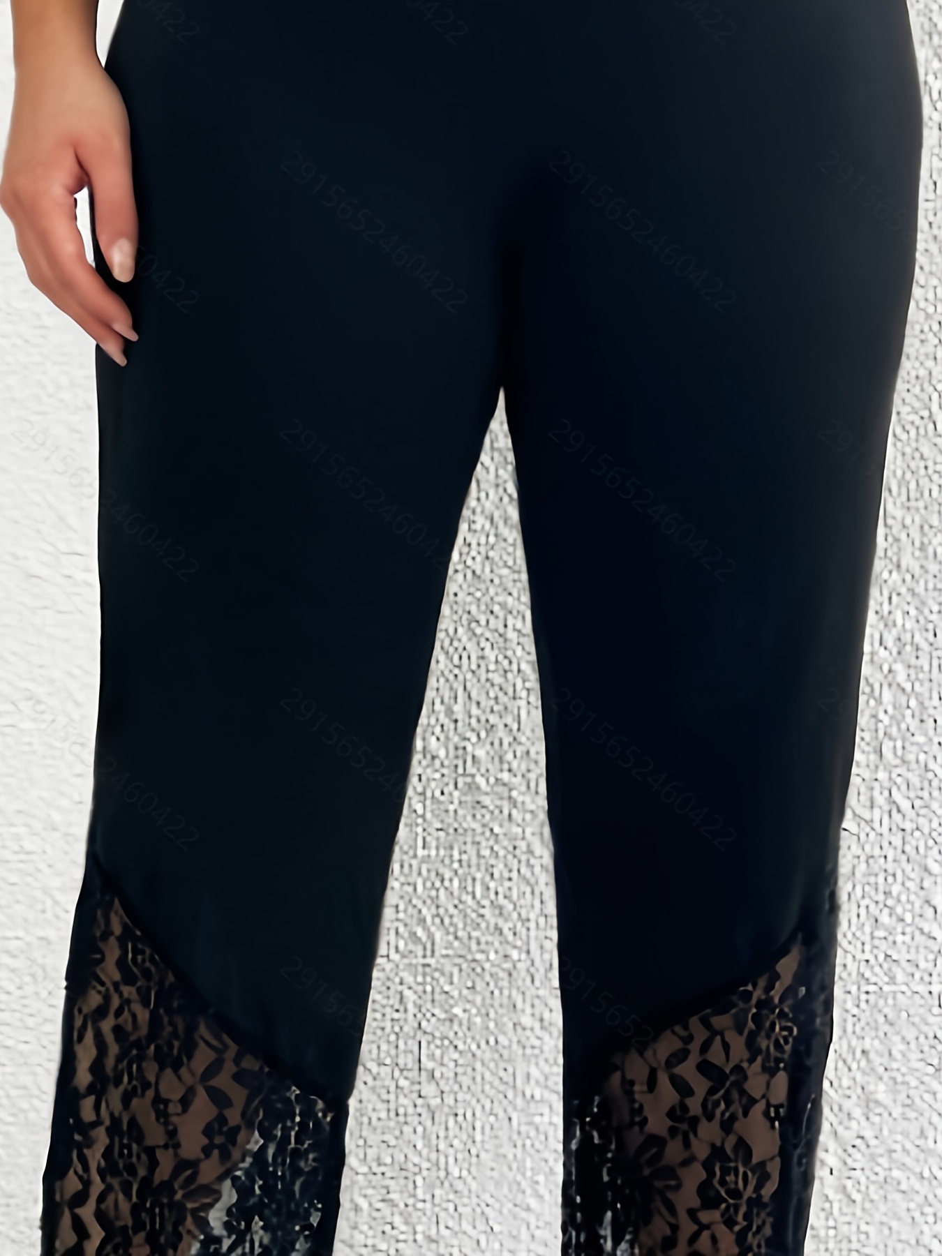 Plus Size Casual Pants, Women's Plus Solid Contrast Lace Elastic