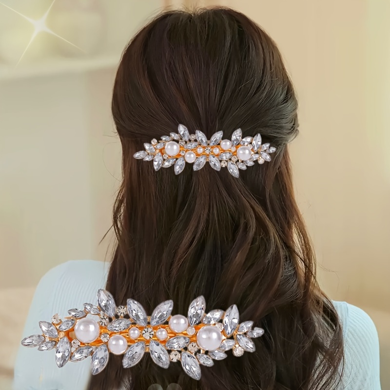 

Shiny Faux Pearl Rhinestones Decor Spring Clip Elegant Crystal Flower Hair Claw Clip Wedding Bridal Fine Headdress Jewelry Hair Clip
