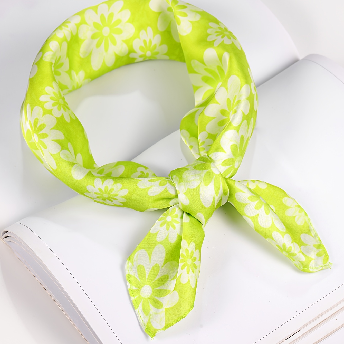 Green Silk Square Flower Print Scarf Head Band