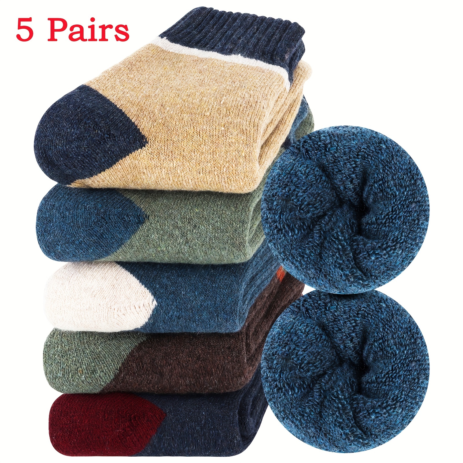 Paquete de 5 calcetines térmicos de lana para hombre, calcetines cálidos de  merino para invierno, calcetines gruesos de senderismo para camping