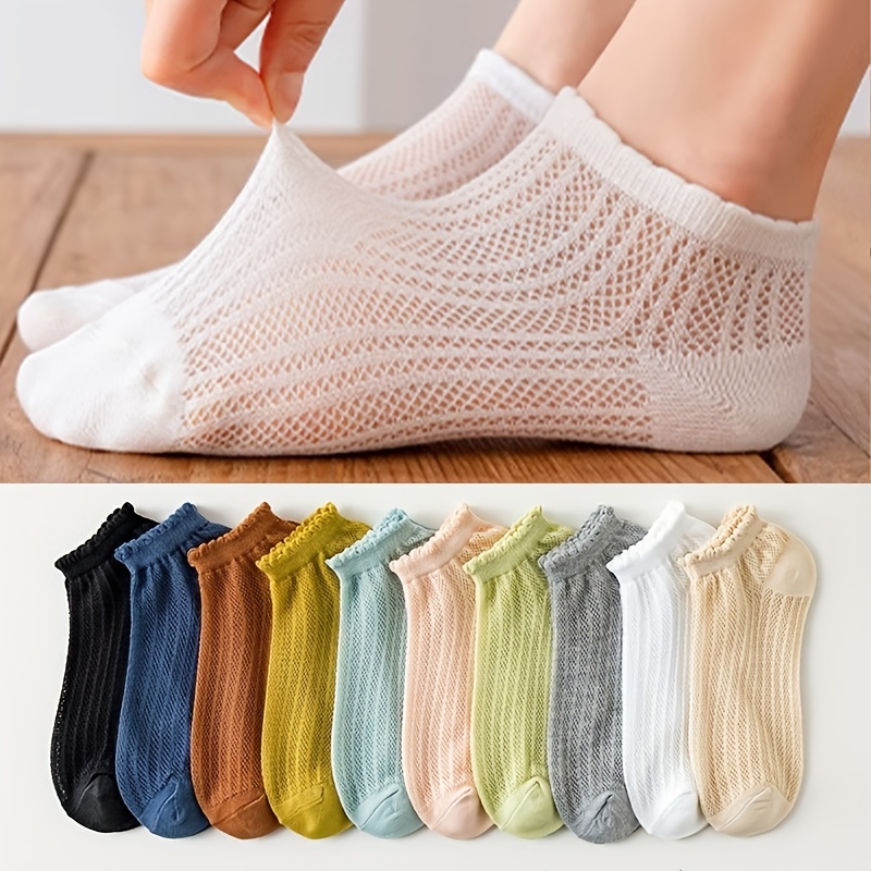 

10 Pairs Lettuce Trim Mesh Socks, Hollow Out Breathable Low Cut Ankle Socks, Women's Stockings & Hosiery