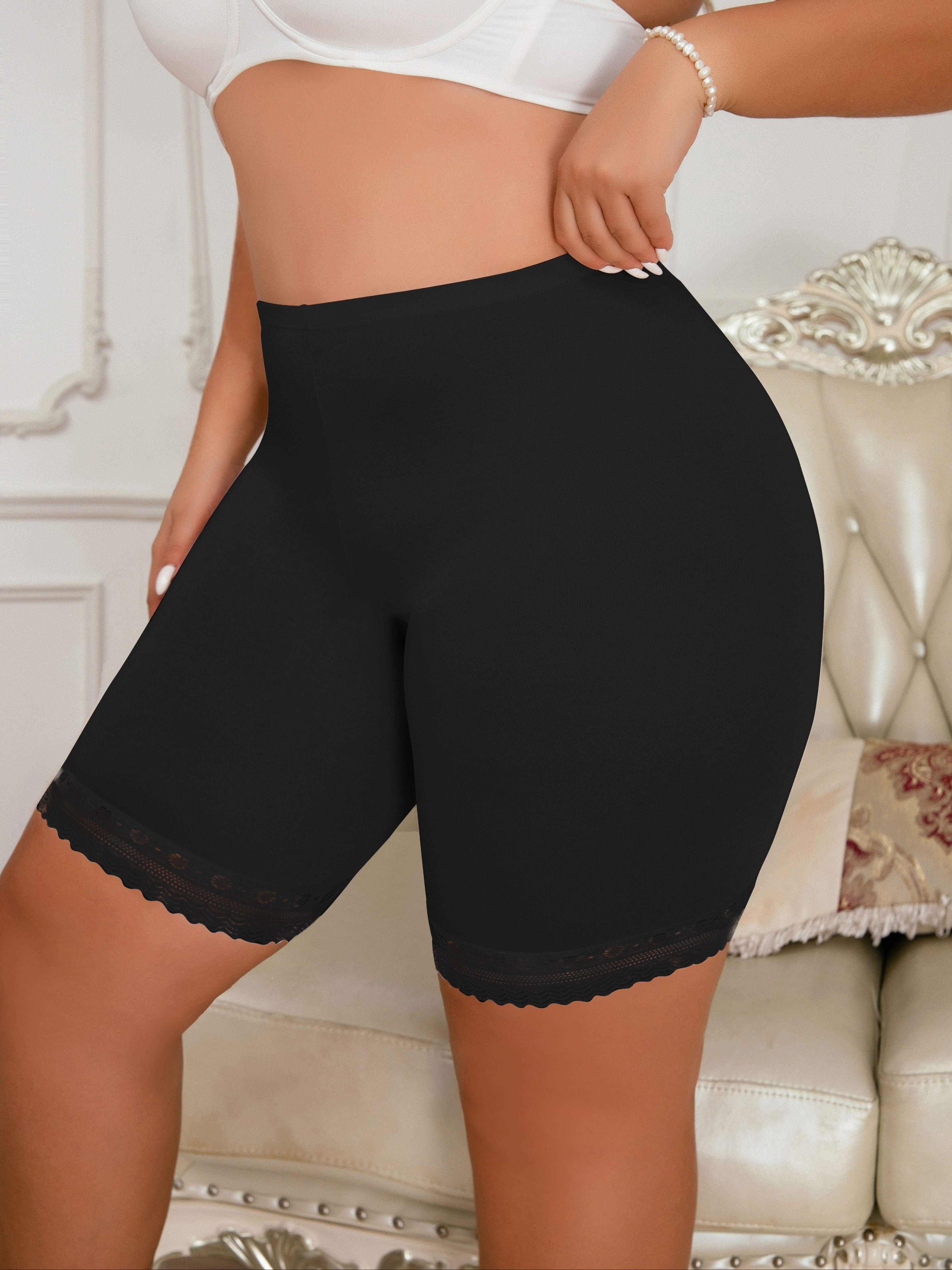 Plus Size Elegant Panty, Women's Plus Solid Contrast Lace High Stretch  Breathable Underwear