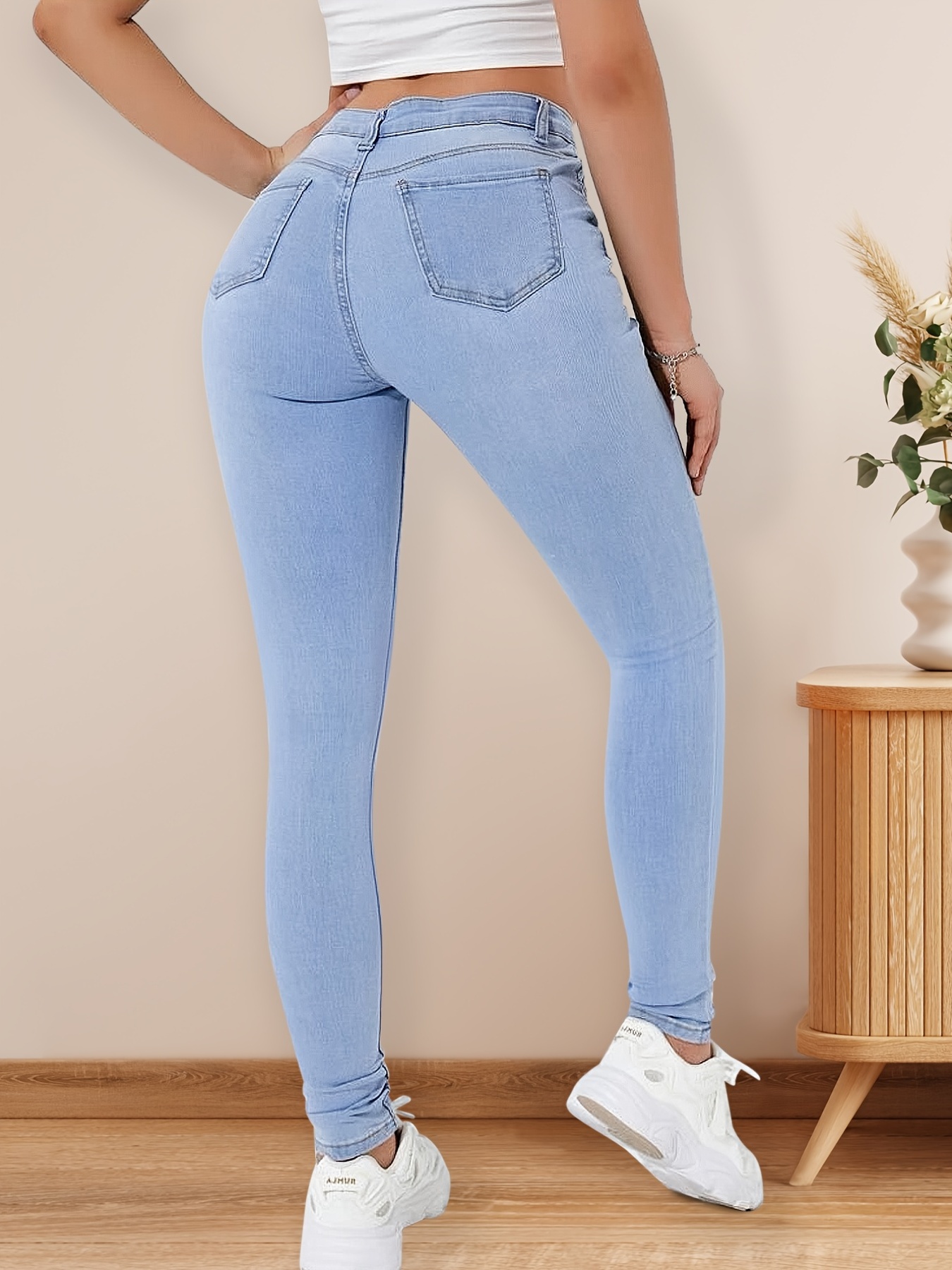 High Rolled Hem Skinny Jeans Light Blue Plain Design - Temu
