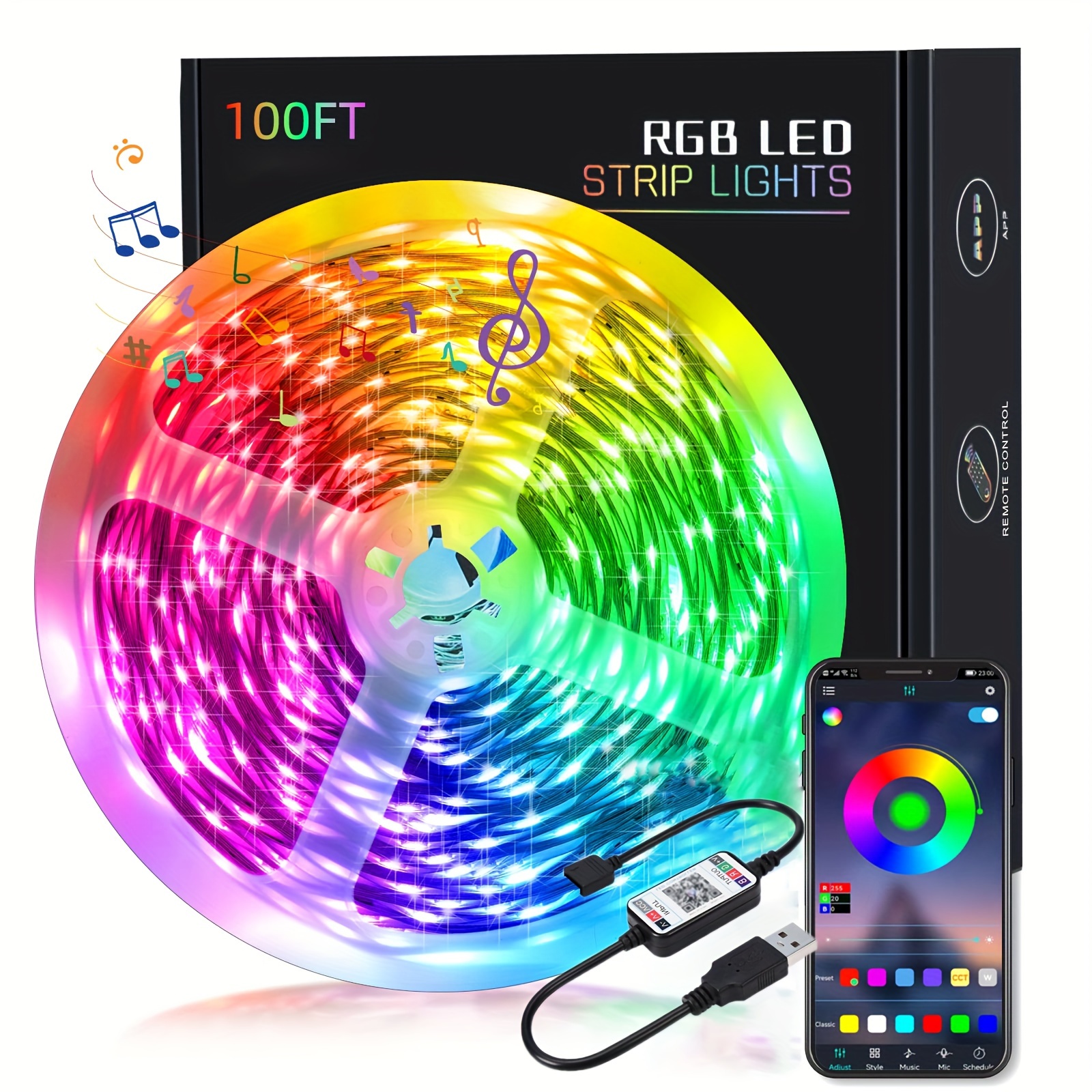 Tiras De Luces LED RGB Controlador Bluetooth App Inteligente 100ft Para TV  Sala