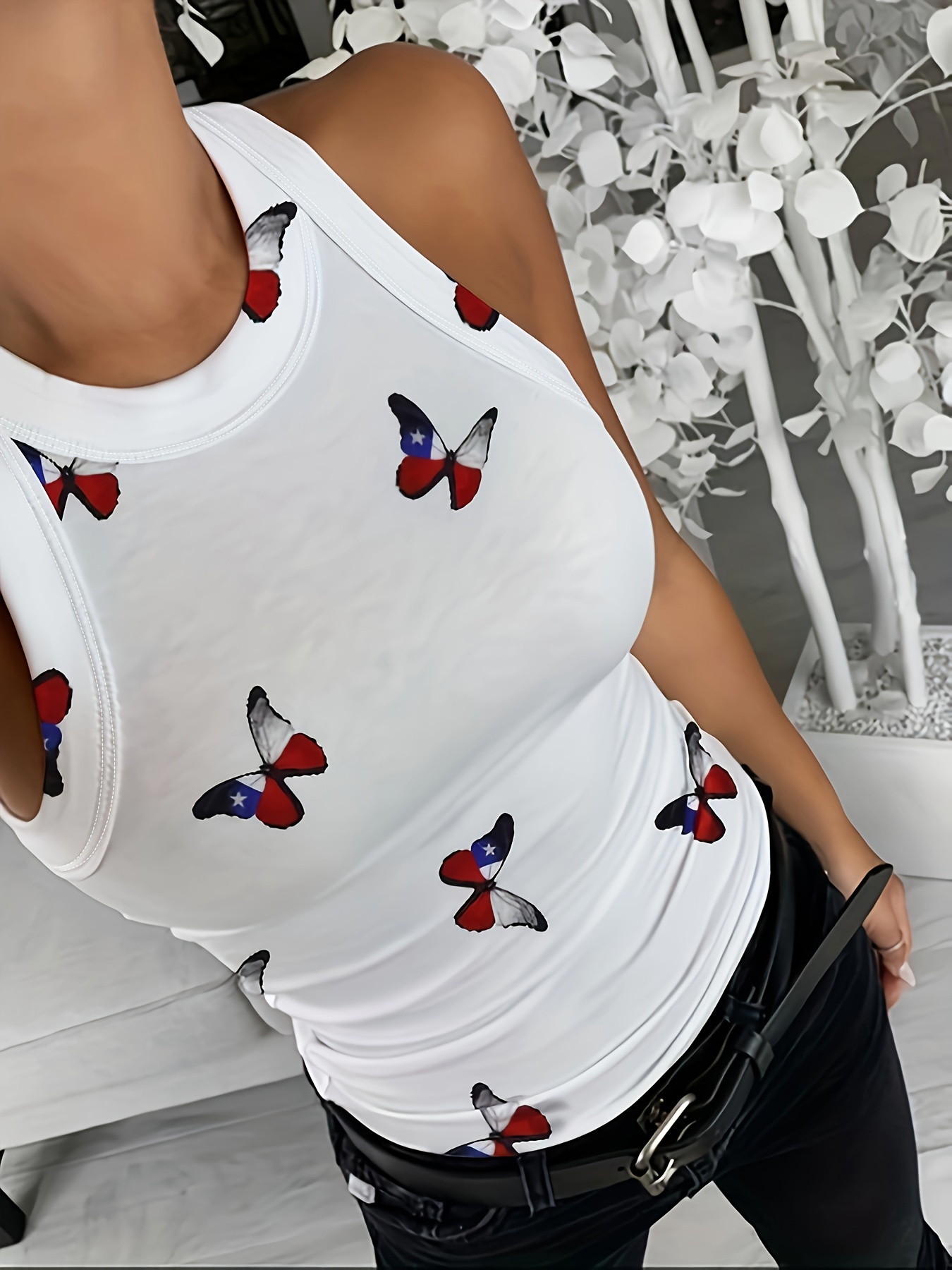 Butterfly Print Tank Top Casual Crew Neck Summer Sleeveless Top Women