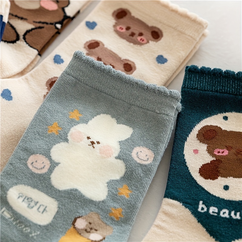 Cartoon Animal Print Socks, Comfy & Cute Lettuce Trim Socks