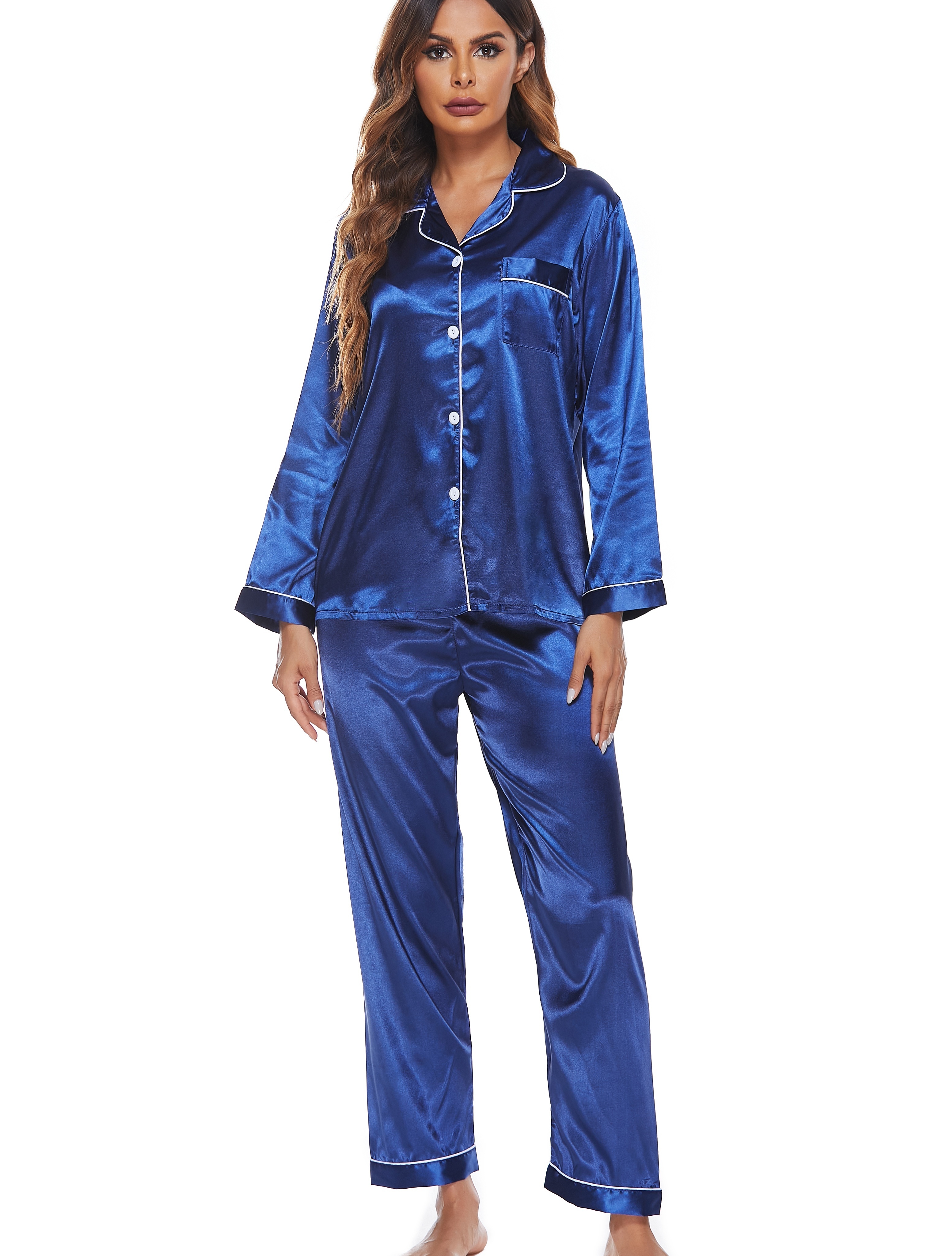 Solid Satin Pajama Set Long Sleeve Buttons Top Elastic - Temu