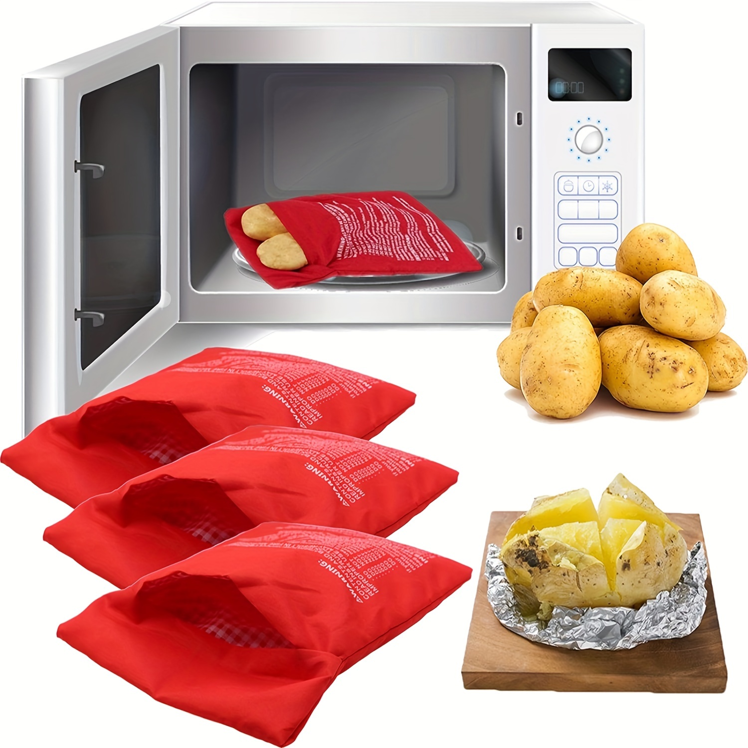 

3pcs Microwave Potato Bag, Reusable Microwave Potato Cooker Bag, Red Baked Potato Pouch, For Potato, Tomato And Fruit, Kitchen Organizers And Storage, Kitchen Accessories