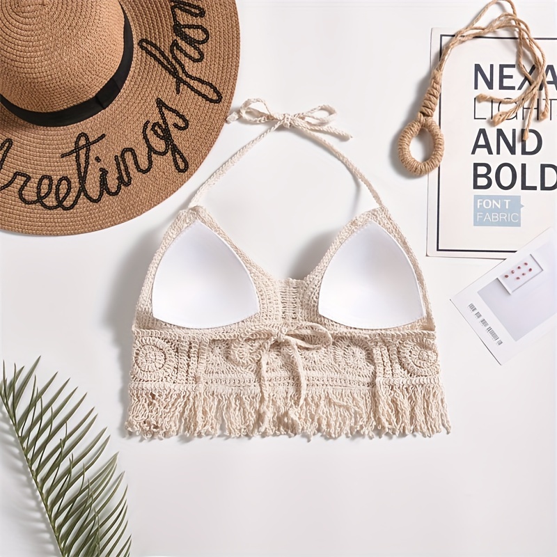 Bohemian ethno-style embroidered chest cup embroidery, halterneck small vest, suspender short backless openwork swimsuit top, bikini Women's swimsuit