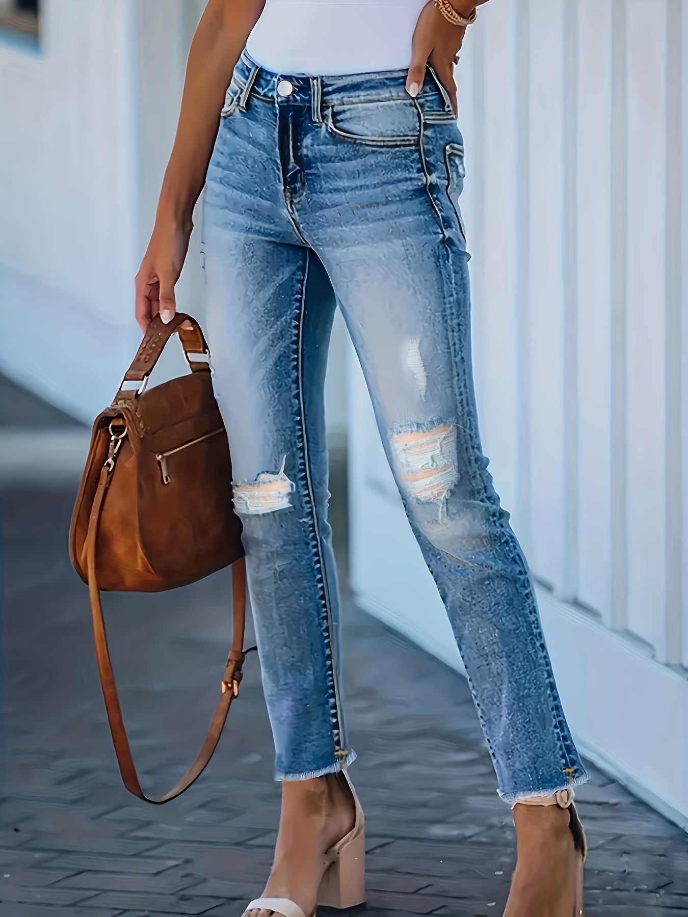 Plus Size Ripped Straight Leg Cropped Jeans Women's Plus - Temu