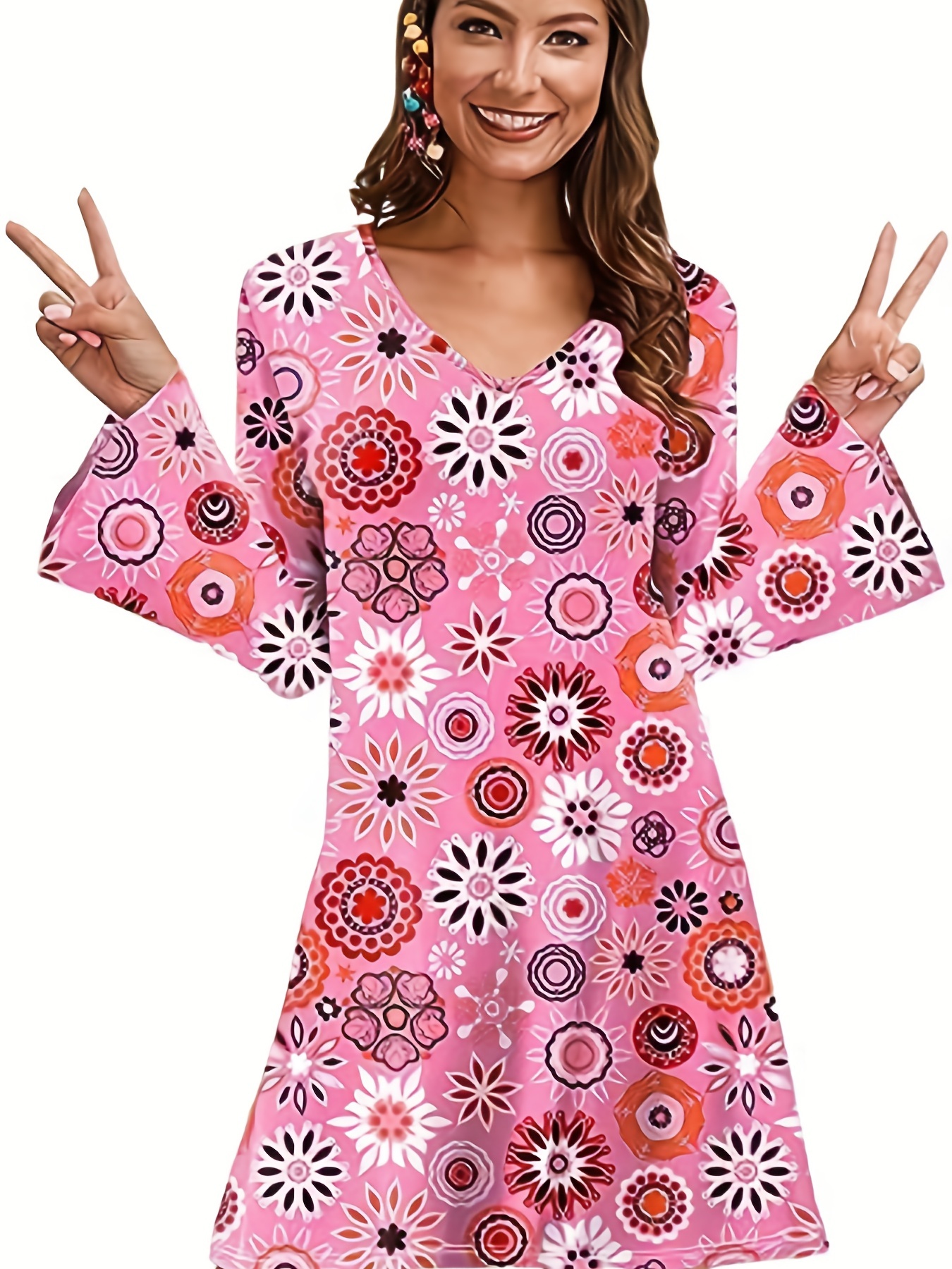 1970s hippie halloween costume dress vintage floral flared long sleeve carnival costume womens clothing