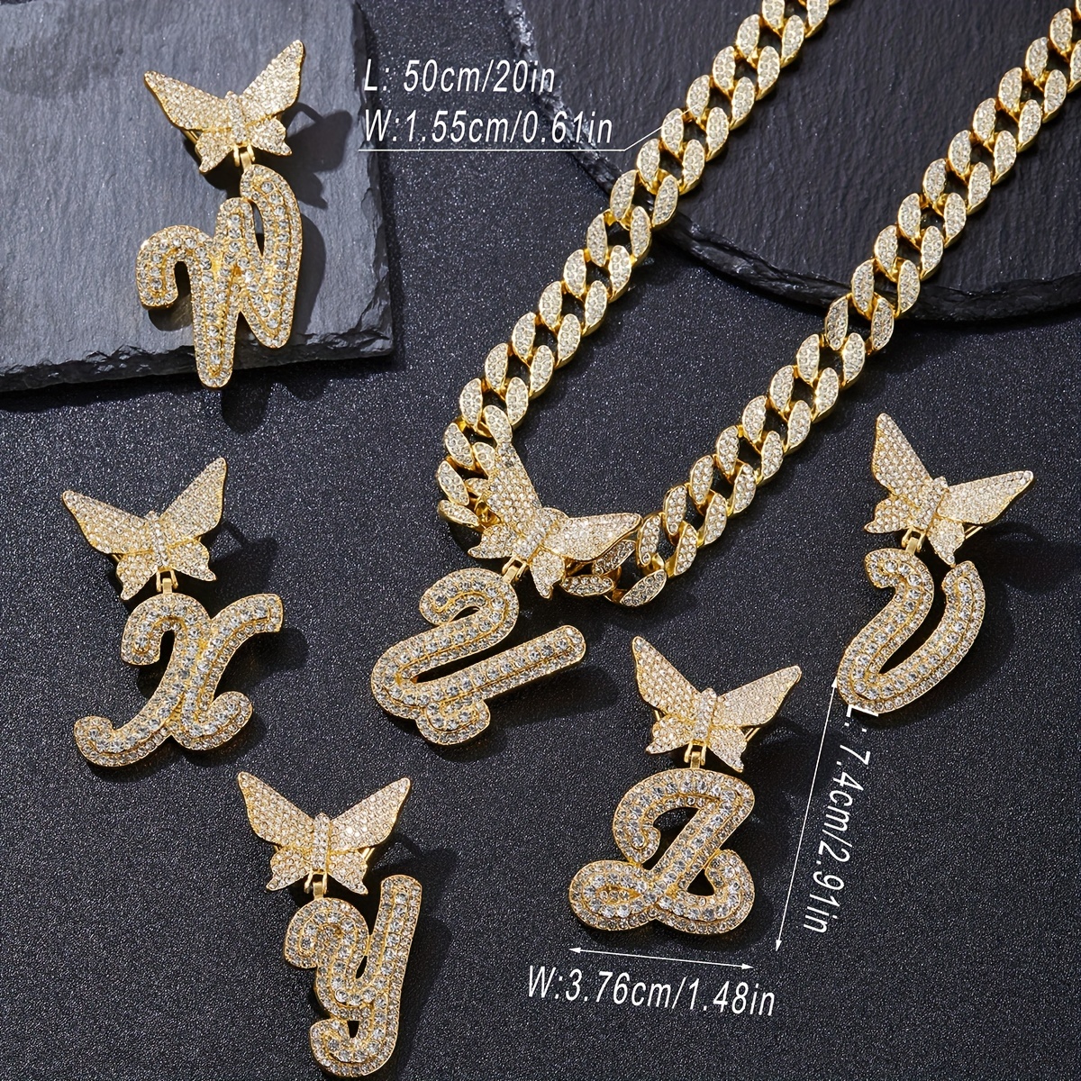 BABY Letter Monogram Hip Hop Crystal Pendant Necklace Cuban