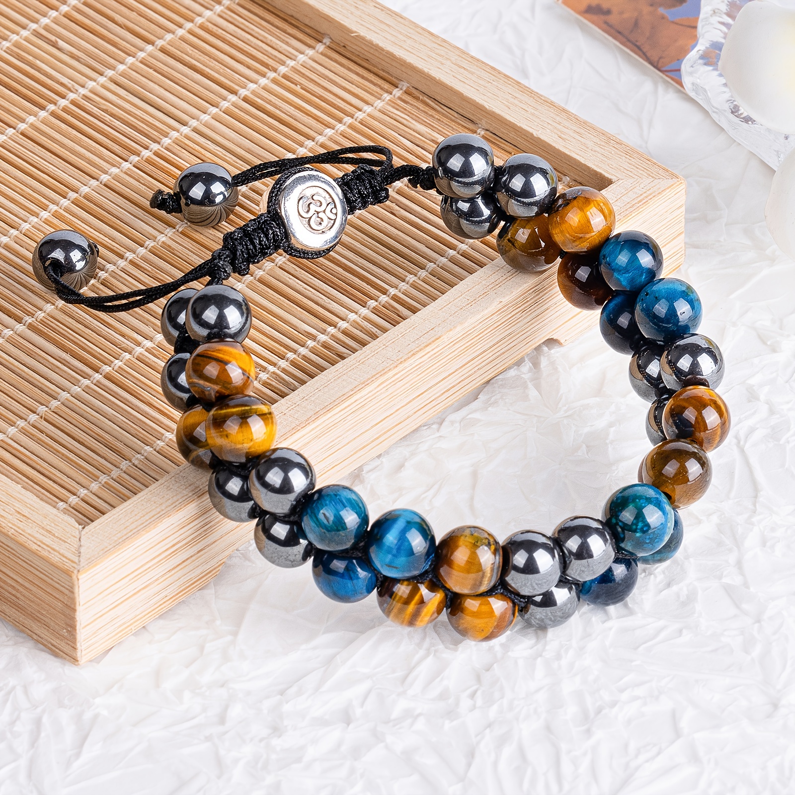 

Bracelet de protection triple en obsidienne noire naturelle, œil de tigre et hématite, perles de 8-10 mm, bracelet fait main - Bracelet en cristal apportant chance, prospérité et bonheur