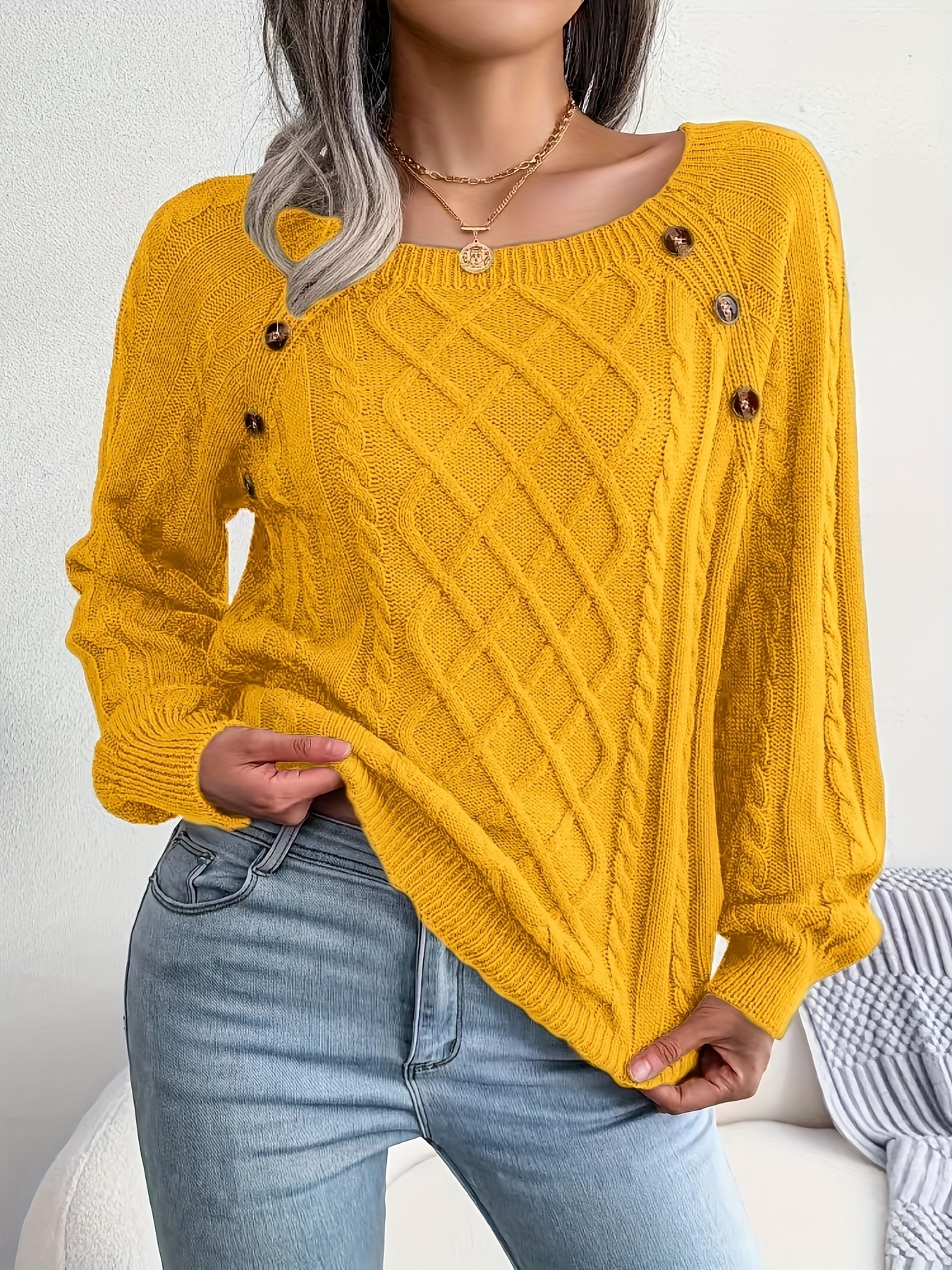  Yellow Sweaters for Women Women's Sweaters Long Sleeve Solid  Color Pullover Sweater Trendy Cable Knit Relaxed Fit Pullover Sweater Tops  Mesh Sweaters for Women : Sports & Outdoors